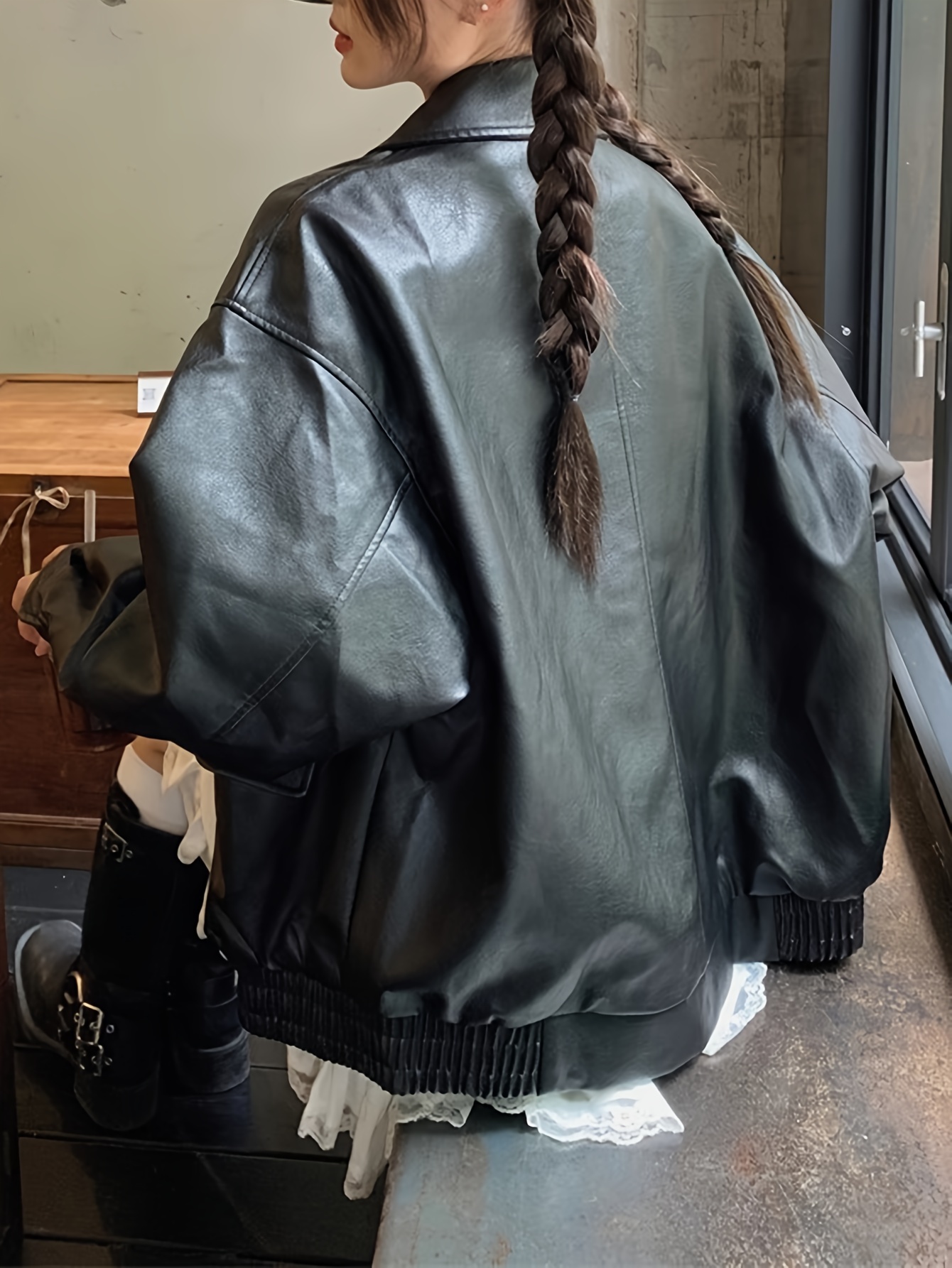 faux leather zip up jacket casual long sleeve jacket for fall winter womens clothing details 1