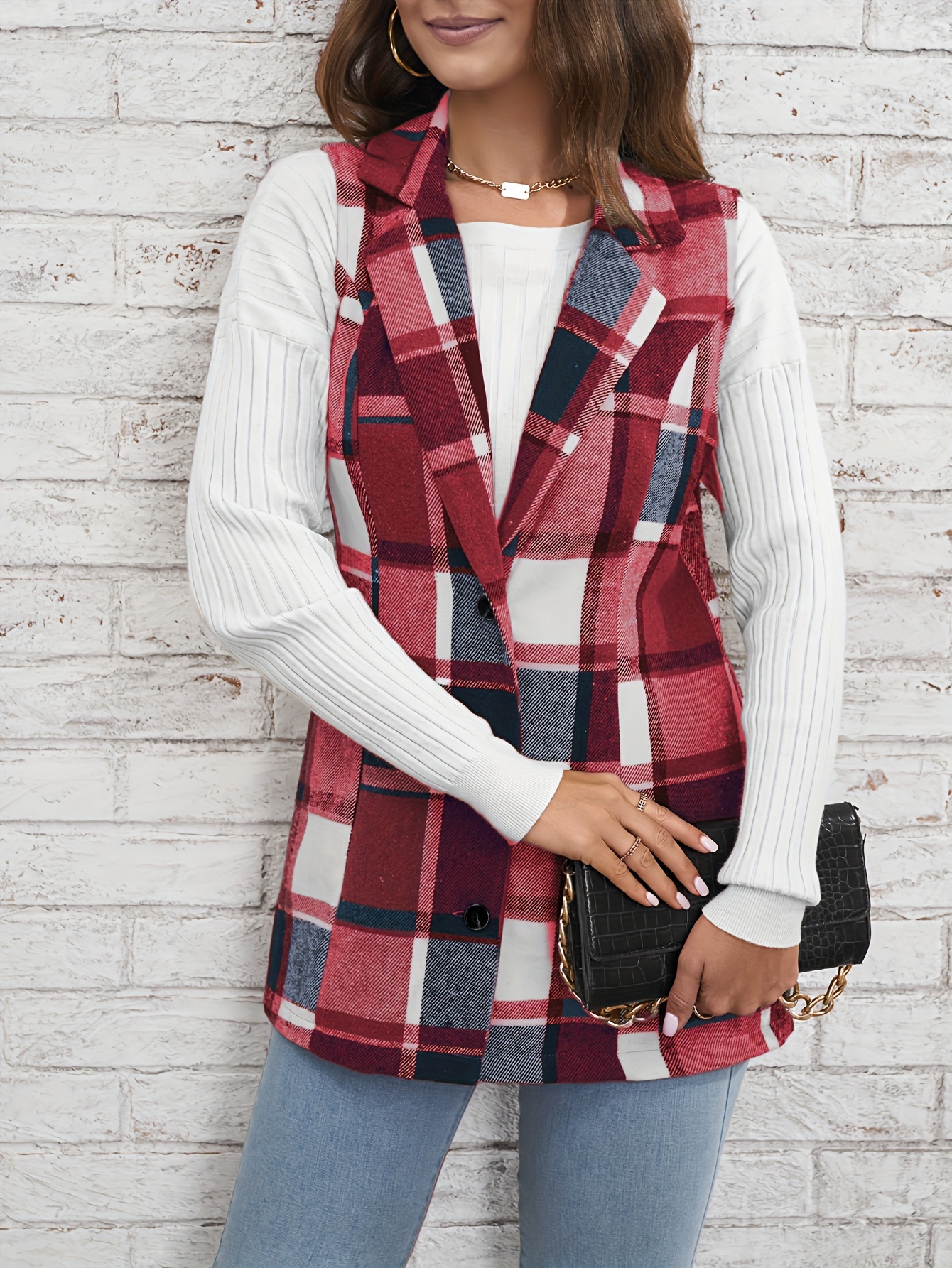 plaid single breasted lapel vest versatile sleeveless overcoat for office work womens clothing details 2