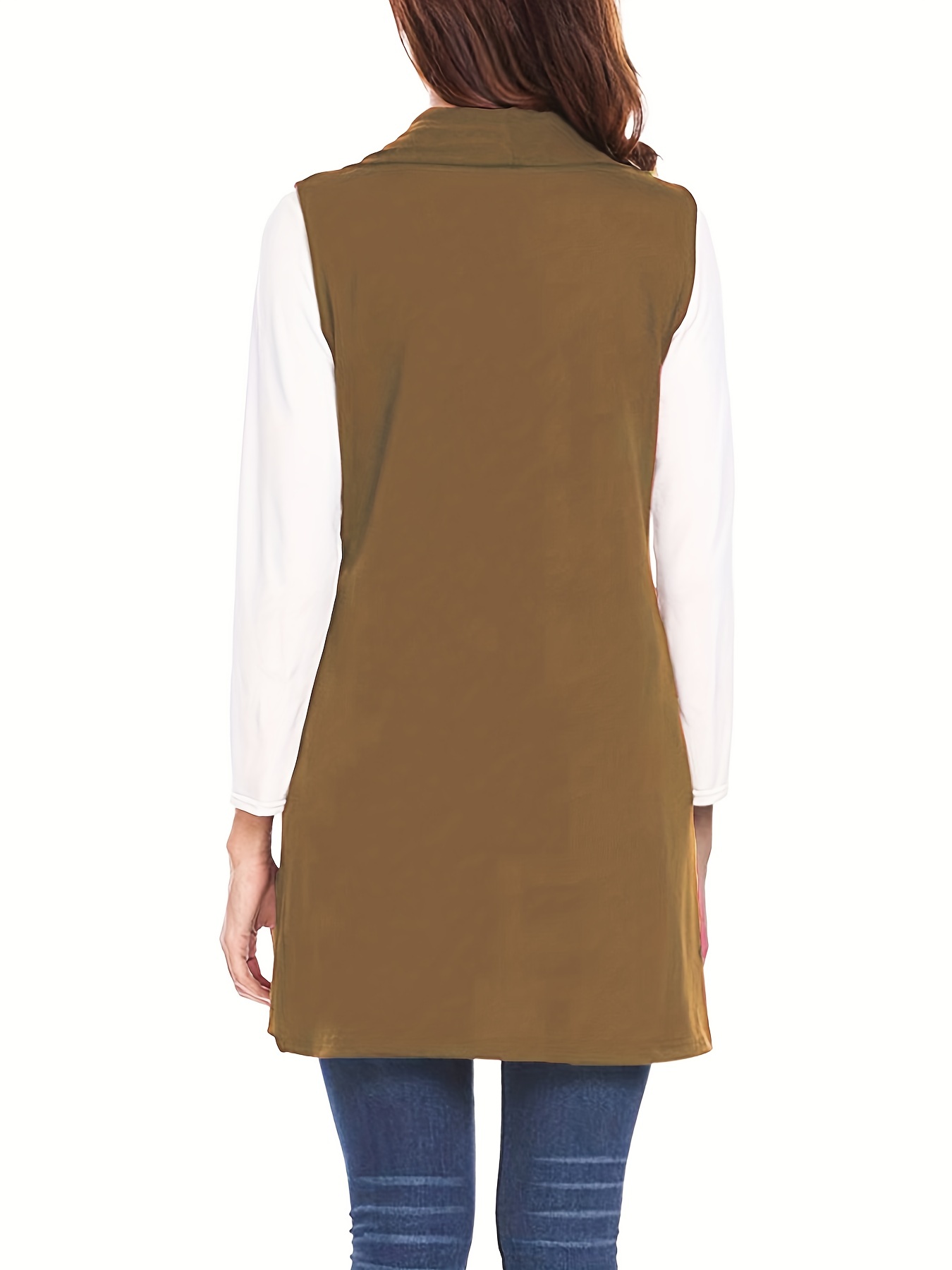solid sleeveless vest elegant mid length open front vest with pockets womens clothing details 23