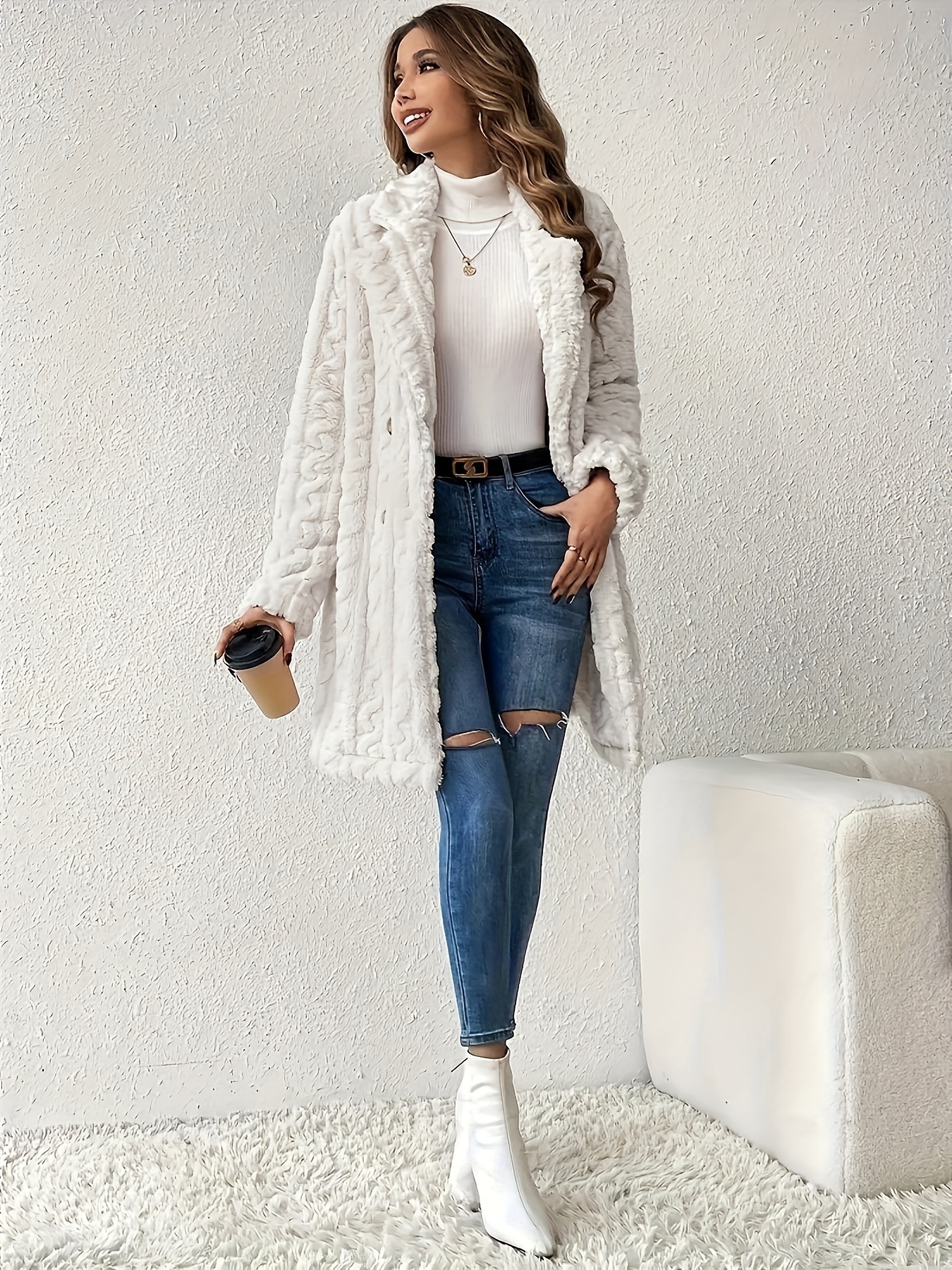 double breasted lapel teddy coat versatile long sleeve textured thermal winter outwear womens clothing details 2