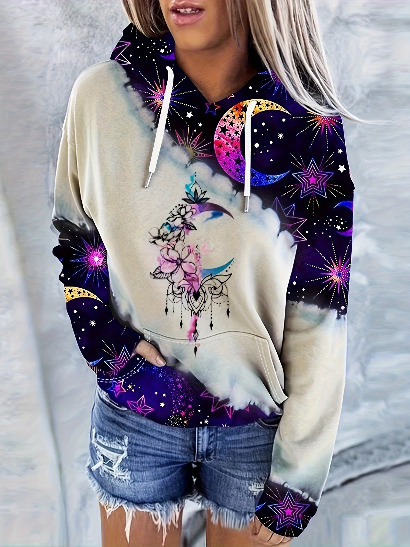 color block moon star print drawstring hoodie casual long sleeve kangaroo pocket hoodie sweatshirt womens clothing details 3