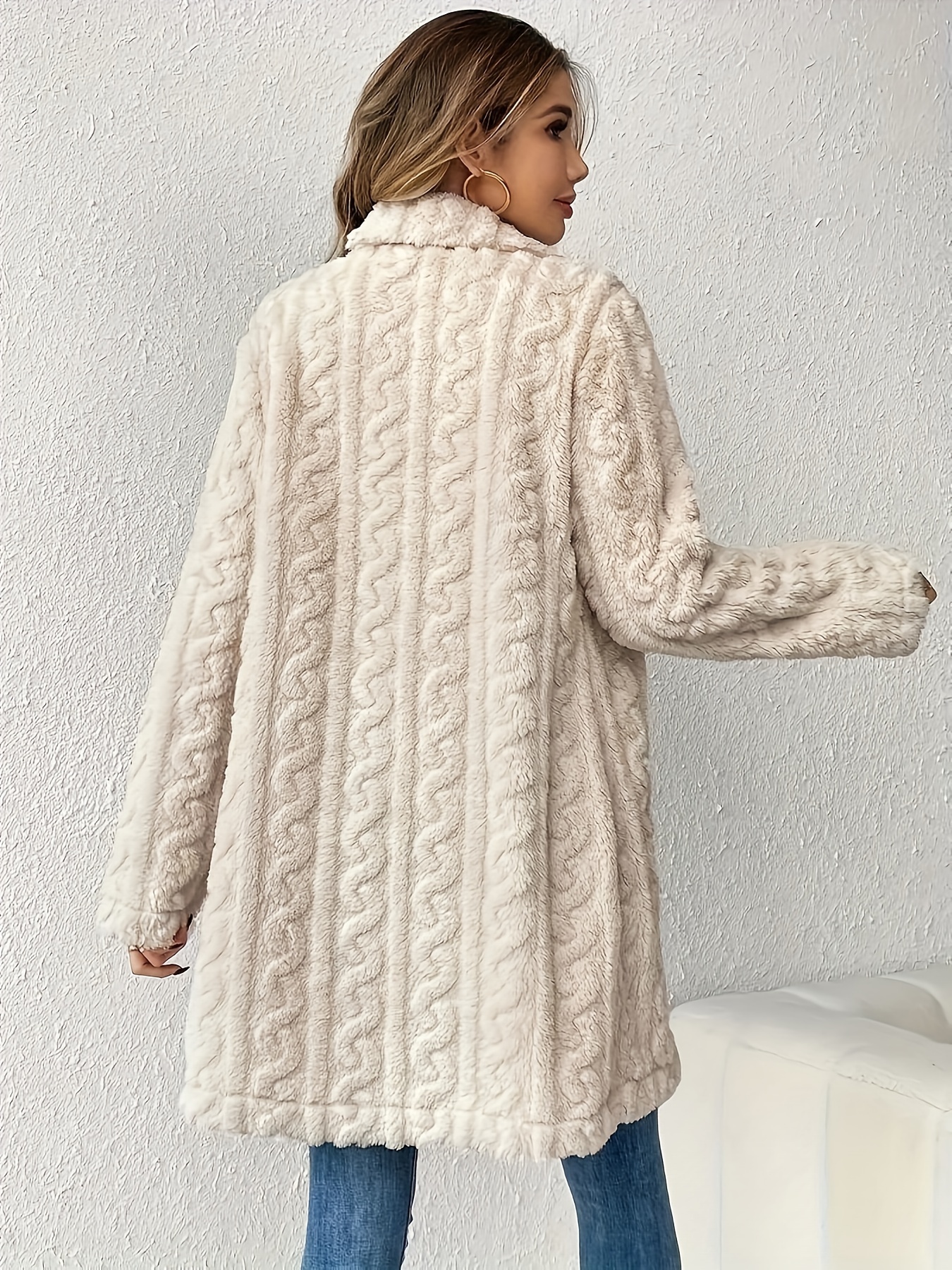 double breasted lapel teddy coat versatile long sleeve textured thermal winter outwear womens clothing details 20