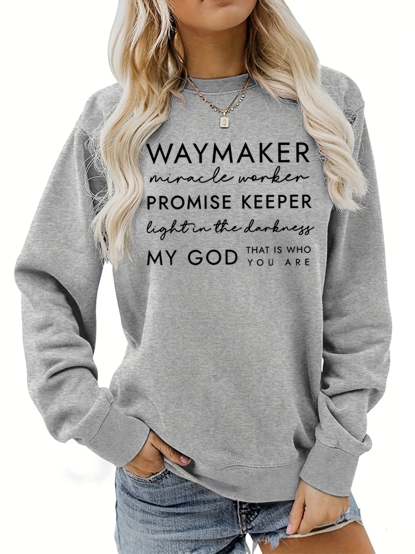 waymaker print sweatshirt, waymaker print sweatshirt casual long sleeve crew neck sweatshirt womens clothing details 0