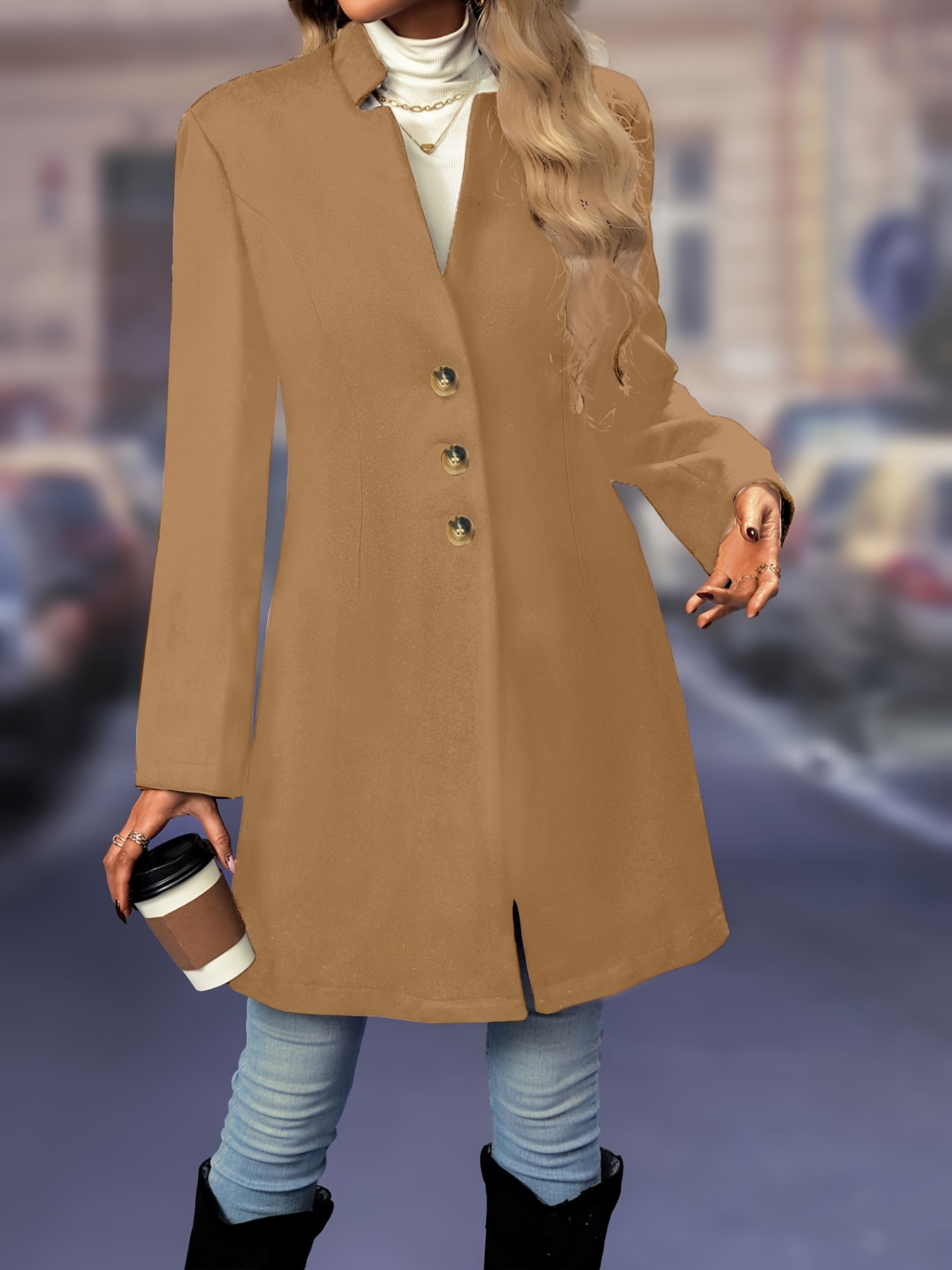 solid button front tunic overcoat elegant long sleeve winter outwear womens clothing details 22