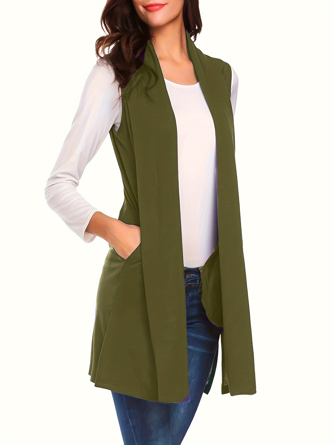 solid sleeveless vest elegant mid length open front vest with pockets womens clothing details 6
