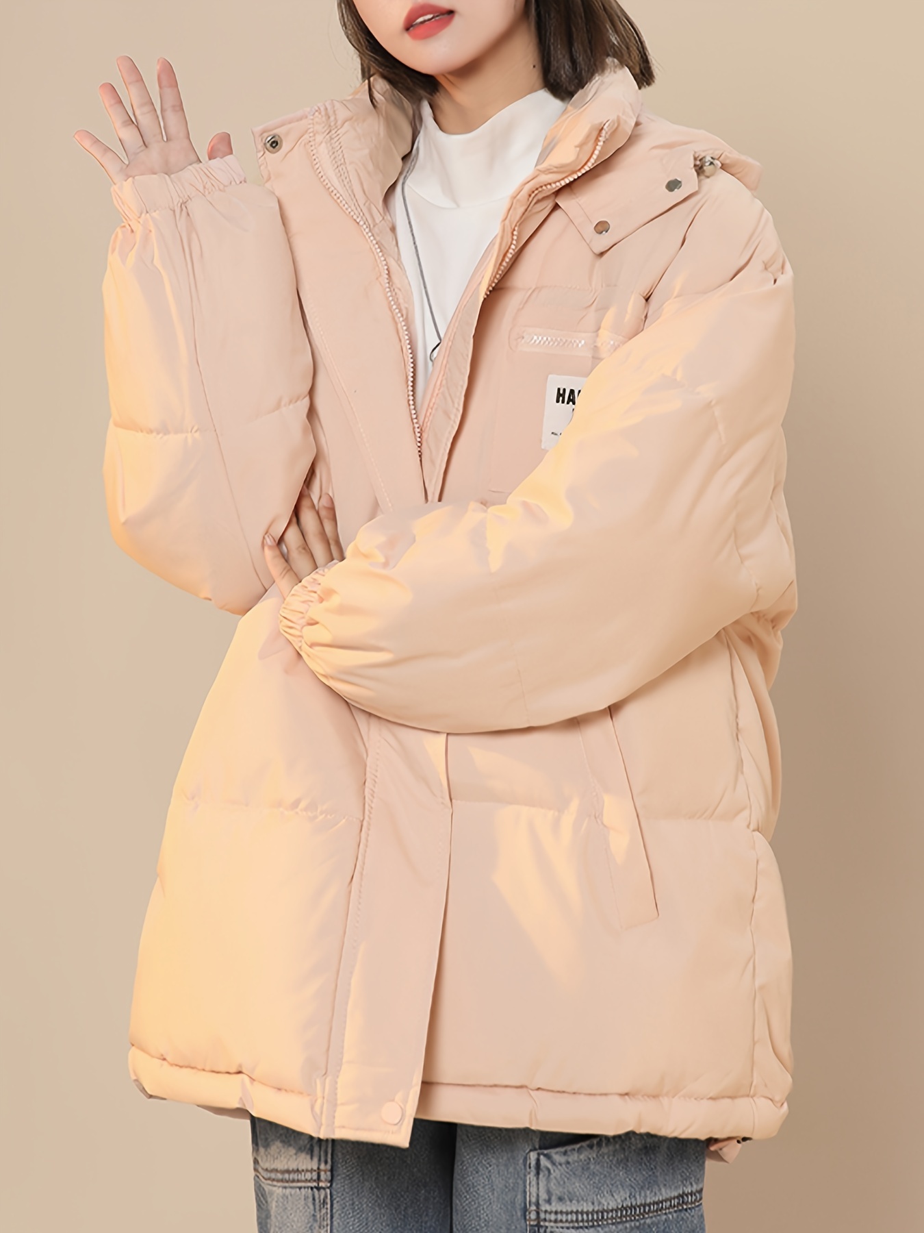 letter label patched hooded coat versatile long sleeve zipper thermal coat womens clothing details 3