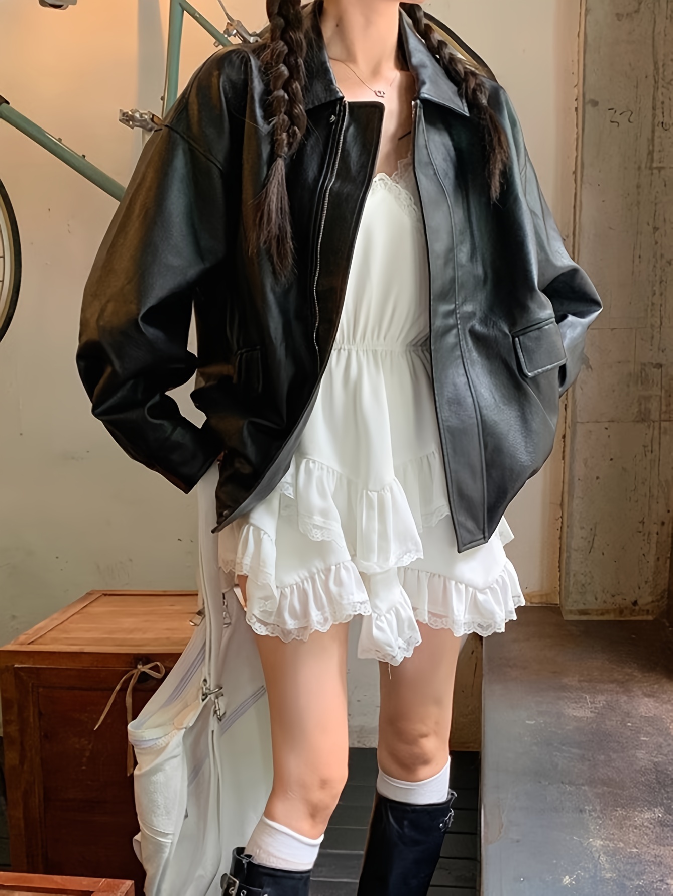 faux leather zip up jacket casual long sleeve jacket for fall winter womens clothing details 4