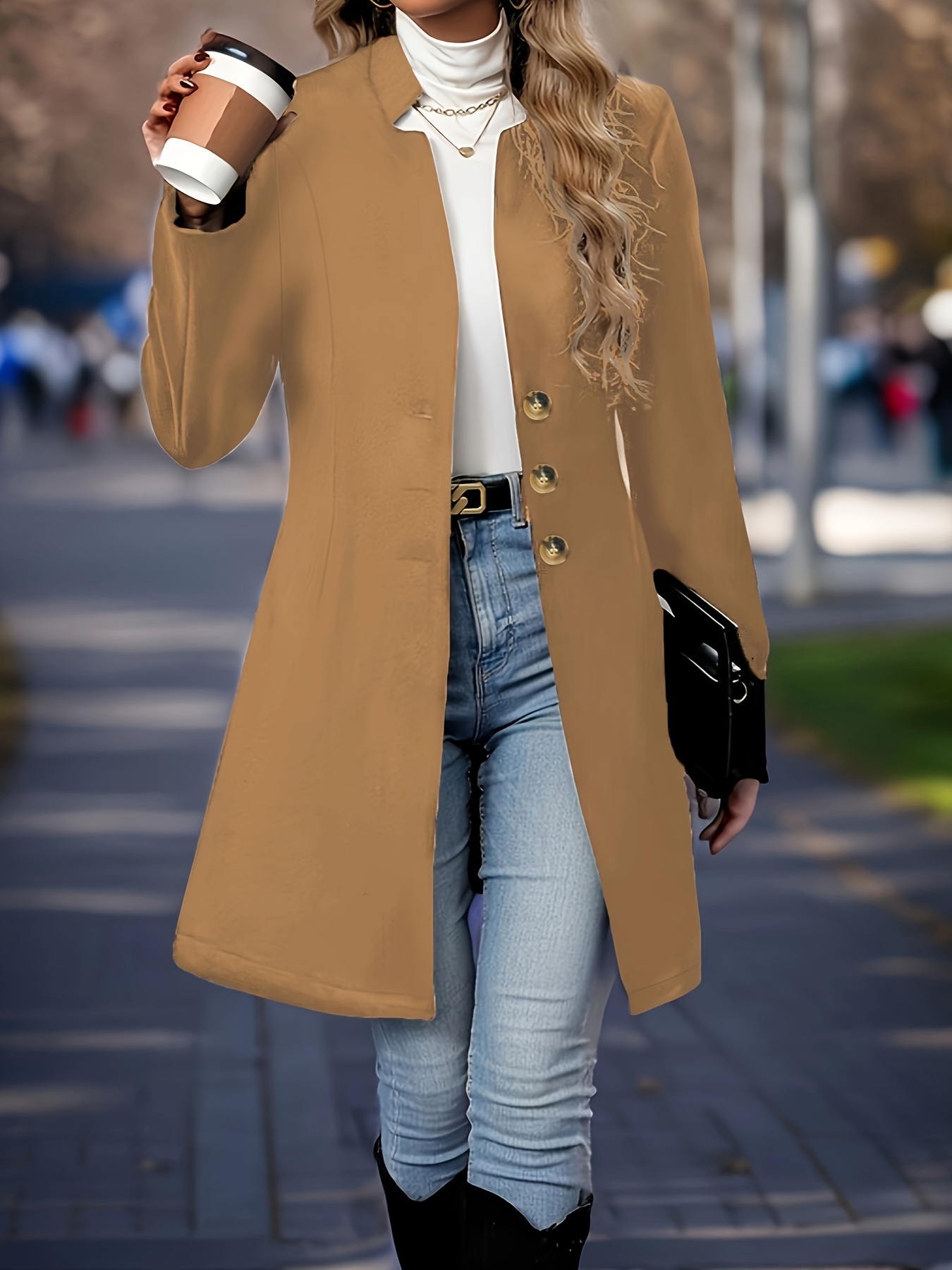 solid button front tunic overcoat elegant long sleeve winter outwear womens clothing details 20