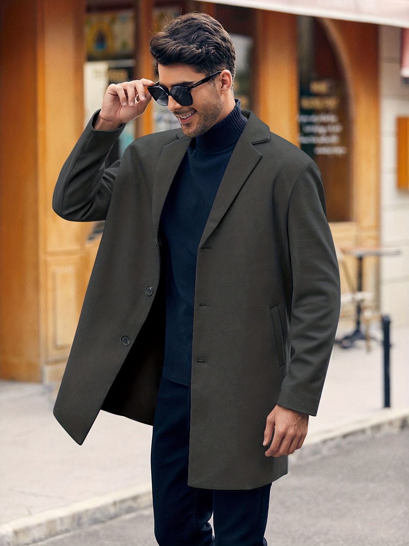 mens retro trench coat semi formal warm single breasted overcoat for fall winter business details 7