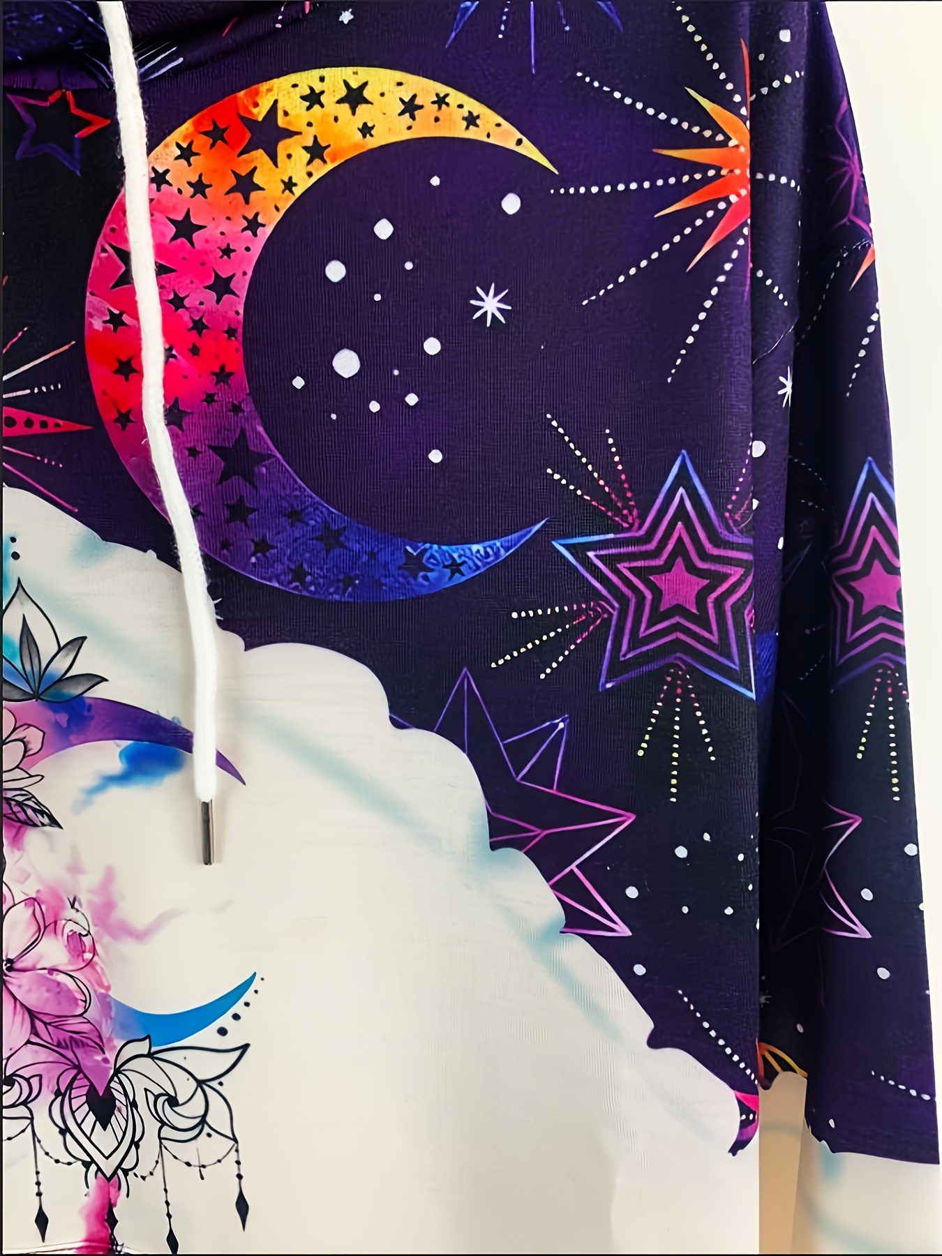 color block moon star print drawstring hoodie casual long sleeve kangaroo pocket hoodie sweatshirt womens clothing details 4