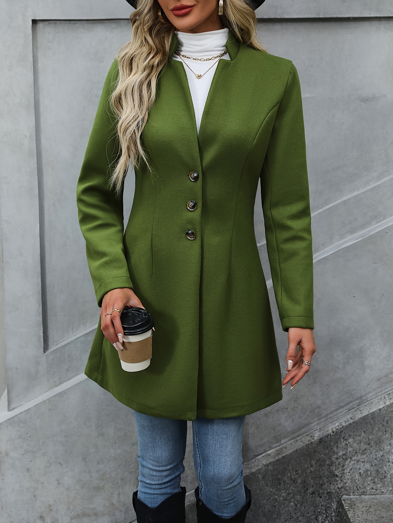 solid button front tunic overcoat elegant long sleeve winter outwear womens clothing details 5