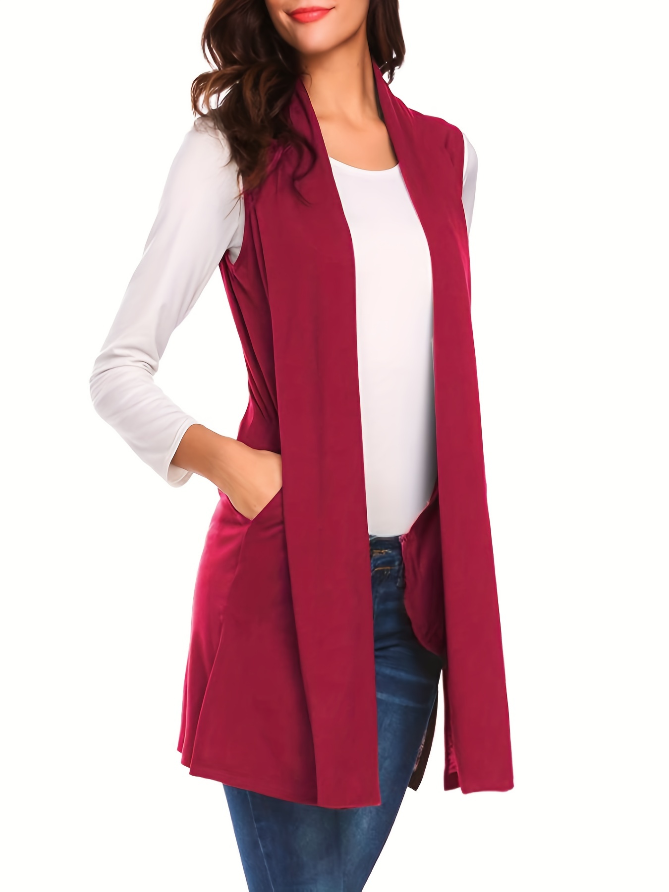 solid sleeveless vest elegant mid length open front vest with pockets womens clothing details 31