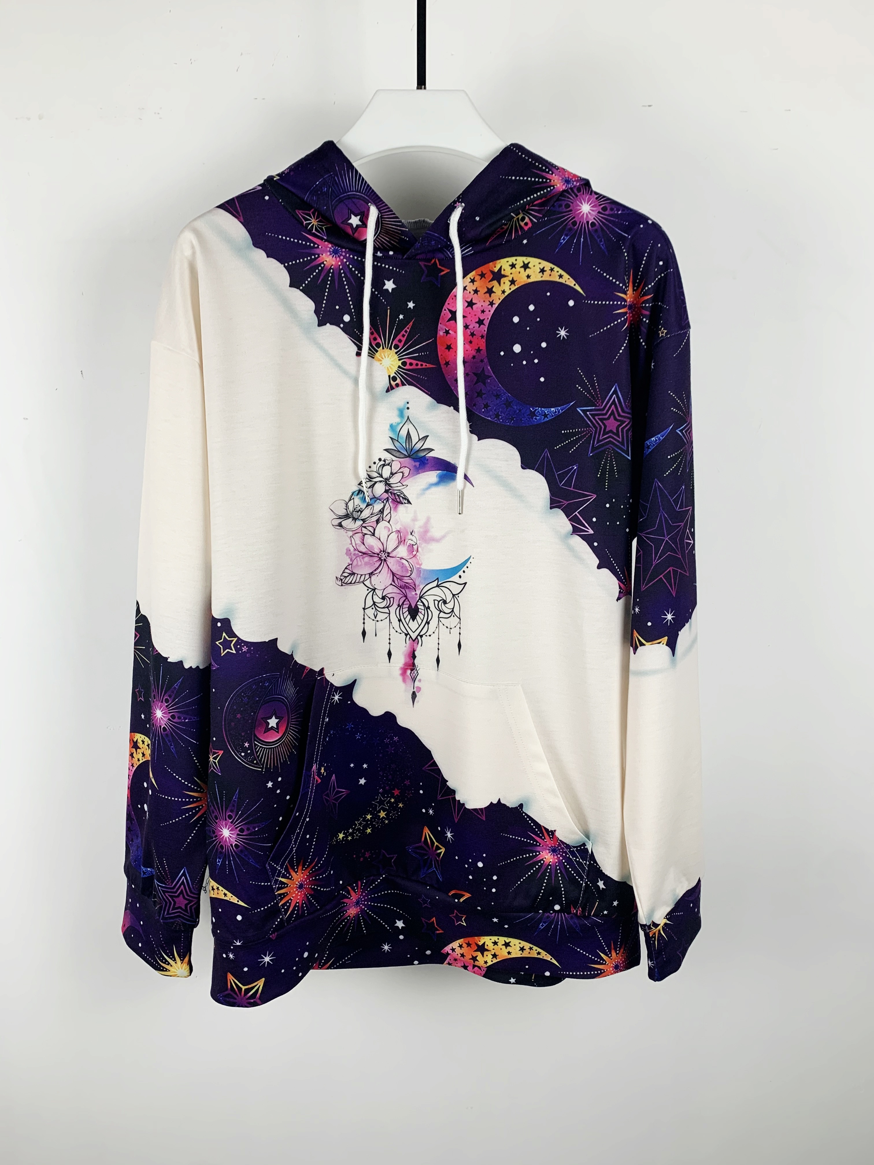 color block moon star print drawstring hoodie casual long sleeve kangaroo pocket hoodie sweatshirt womens clothing details 5
