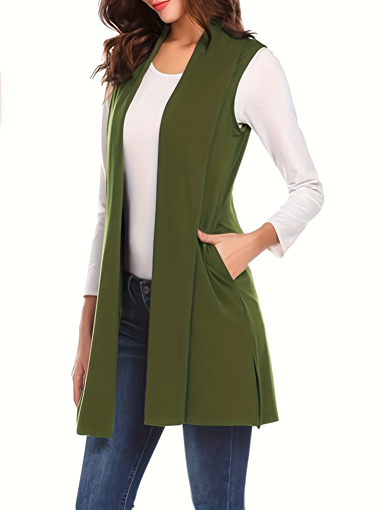 solid sleeveless vest elegant mid length open front vest with pockets womens clothing details 8
