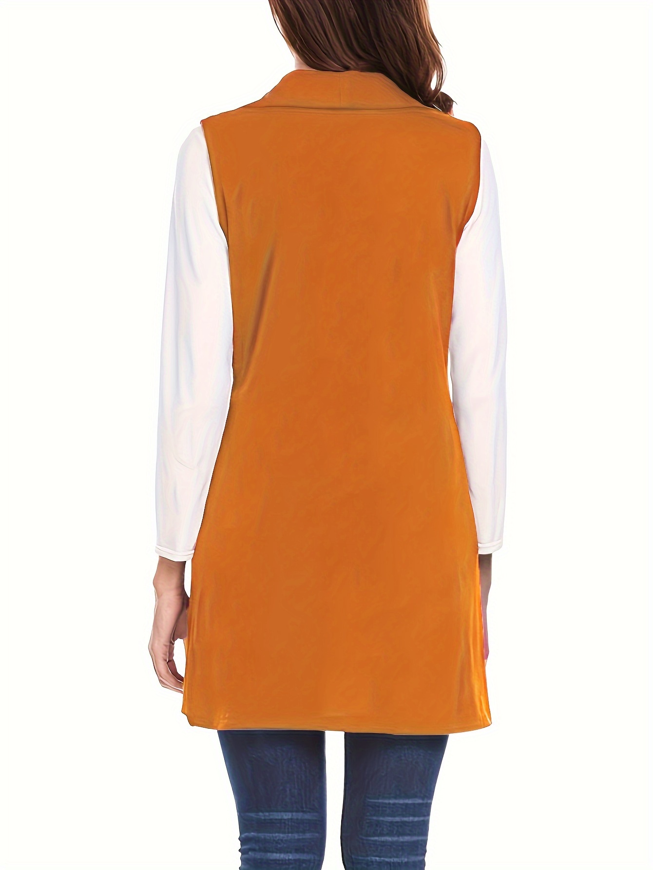 solid sleeveless vest elegant mid length open front vest with pockets womens clothing details 1