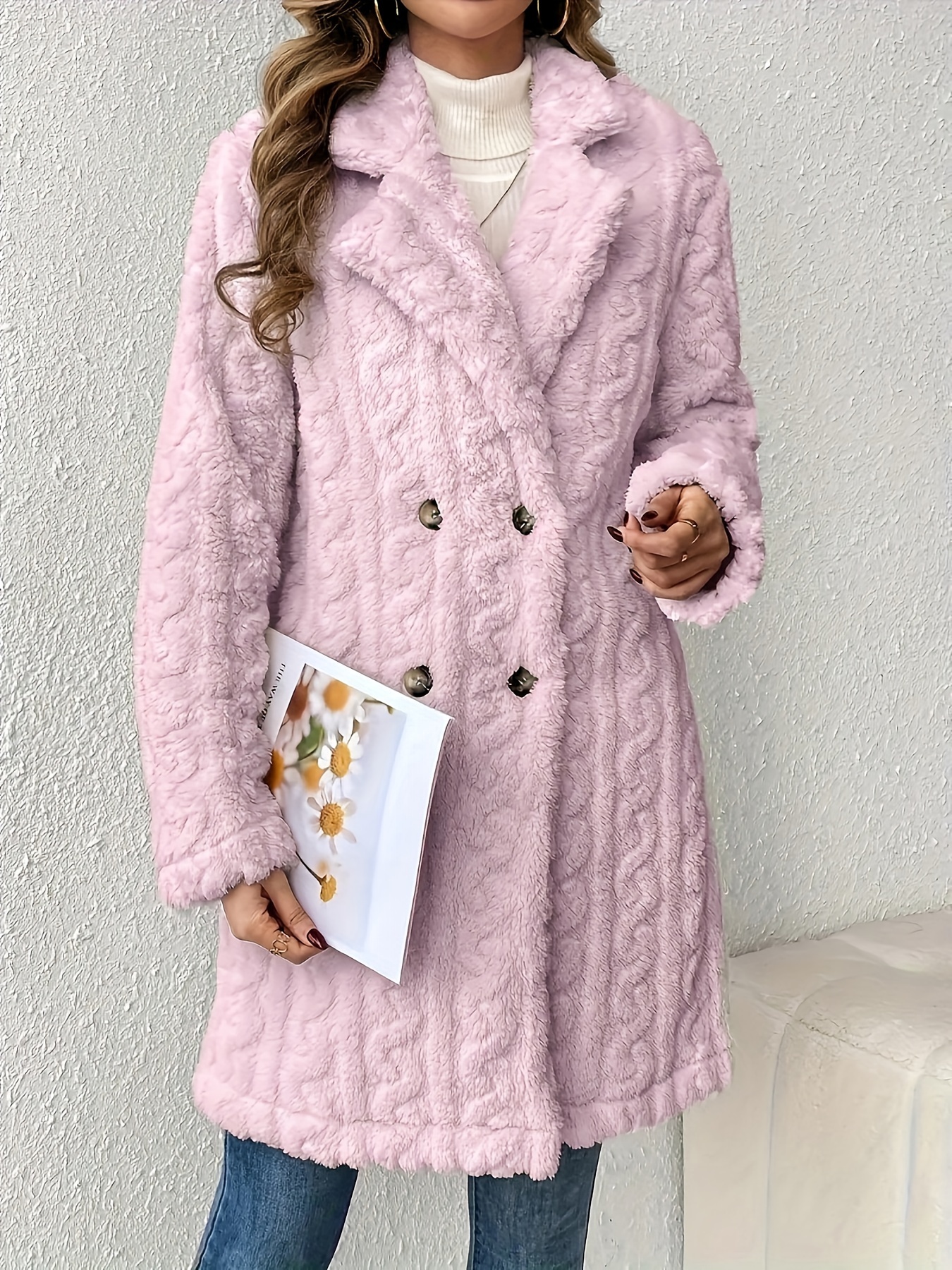 double breasted lapel teddy coat versatile long sleeve textured thermal winter outwear womens clothing details 13