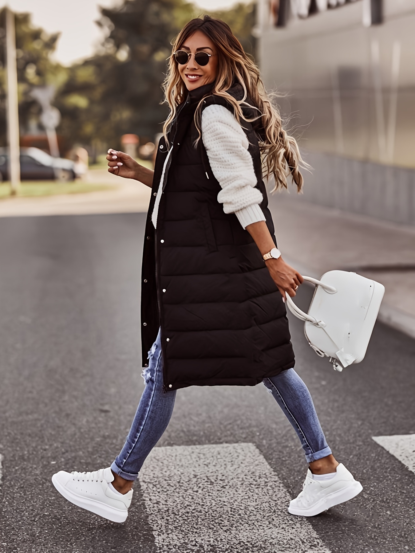 button front hooded coat casual sleeveless long length outerwear womens clothing details 3