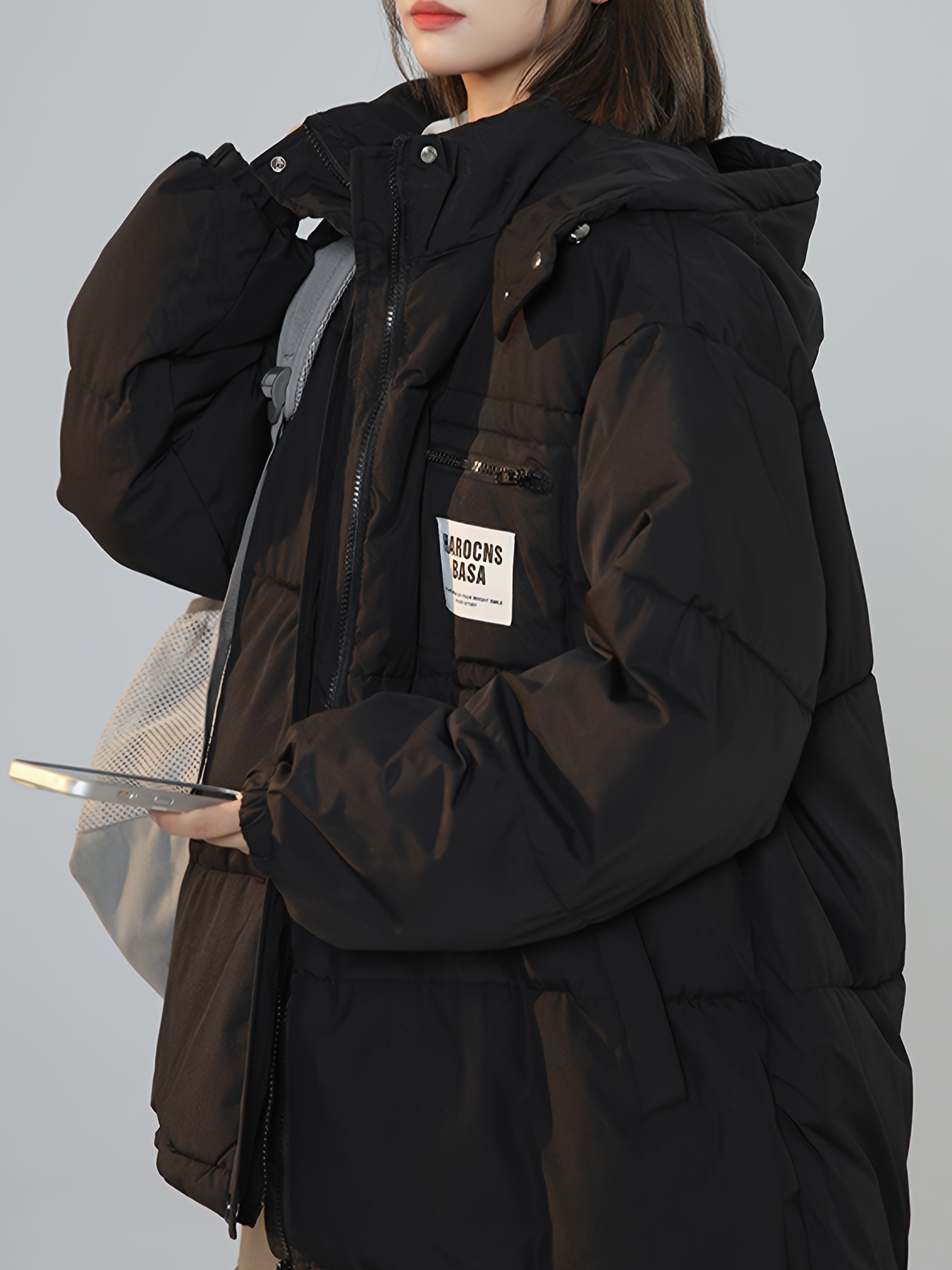 letter label patched hooded coat versatile long sleeve zipper thermal coat womens clothing details 12