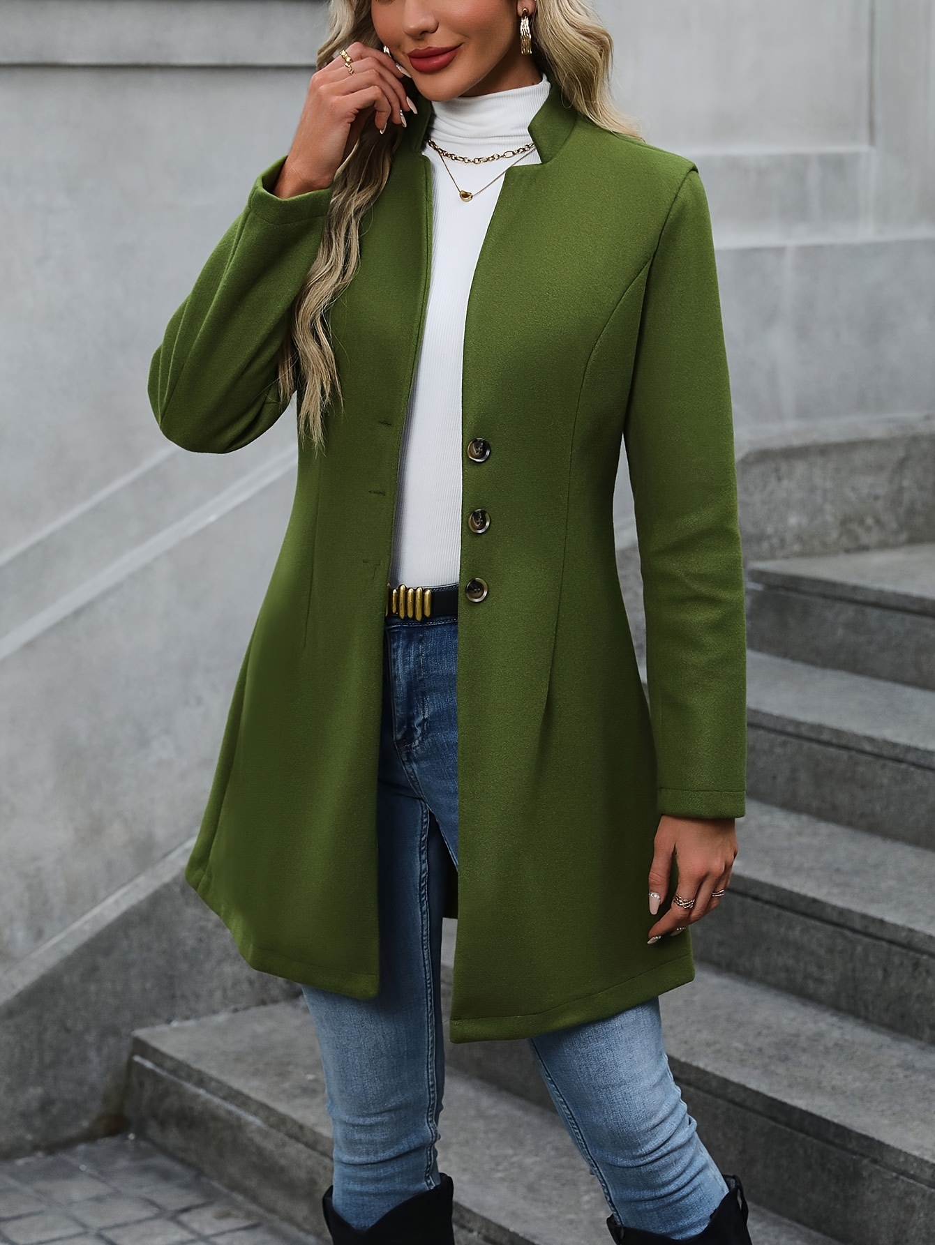 solid button front tunic overcoat elegant long sleeve winter outwear womens clothing details 1