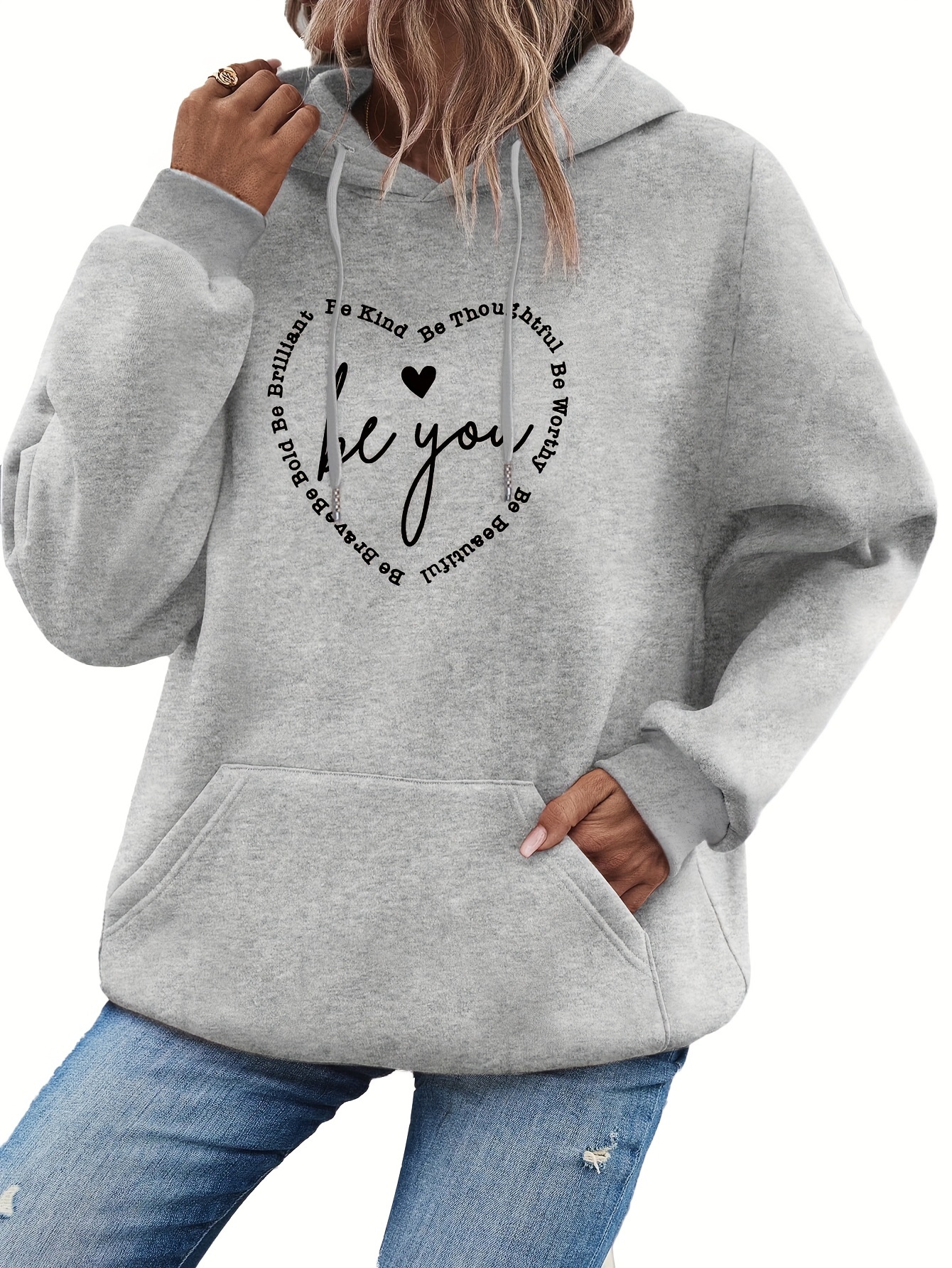 heart letter print drawstring hoodie casual long sleeve hooded sweatshirt womens clothing details 6