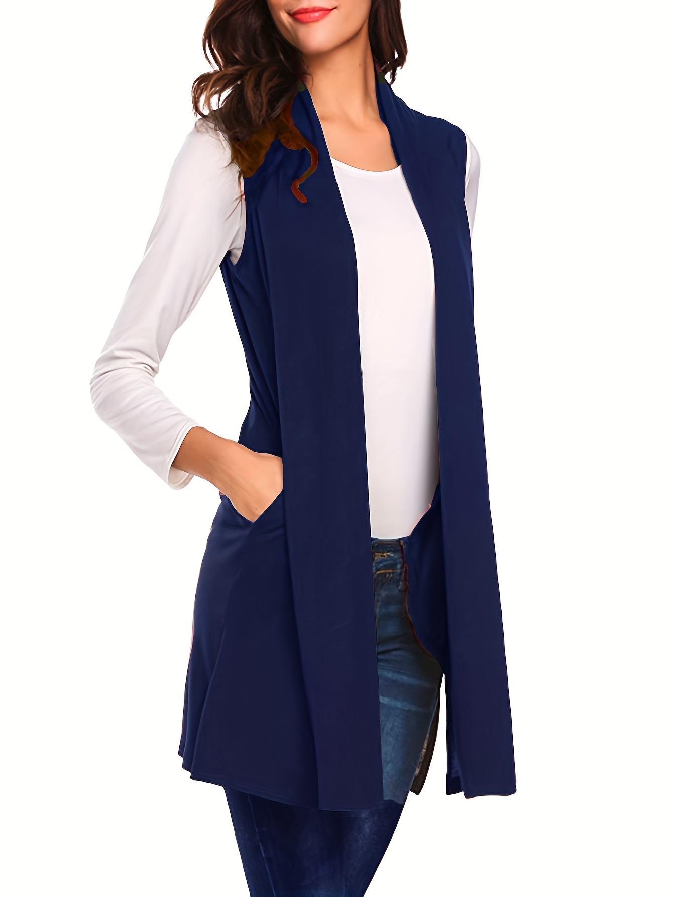 solid sleeveless vest elegant mid length open front vest with pockets womens clothing details 17