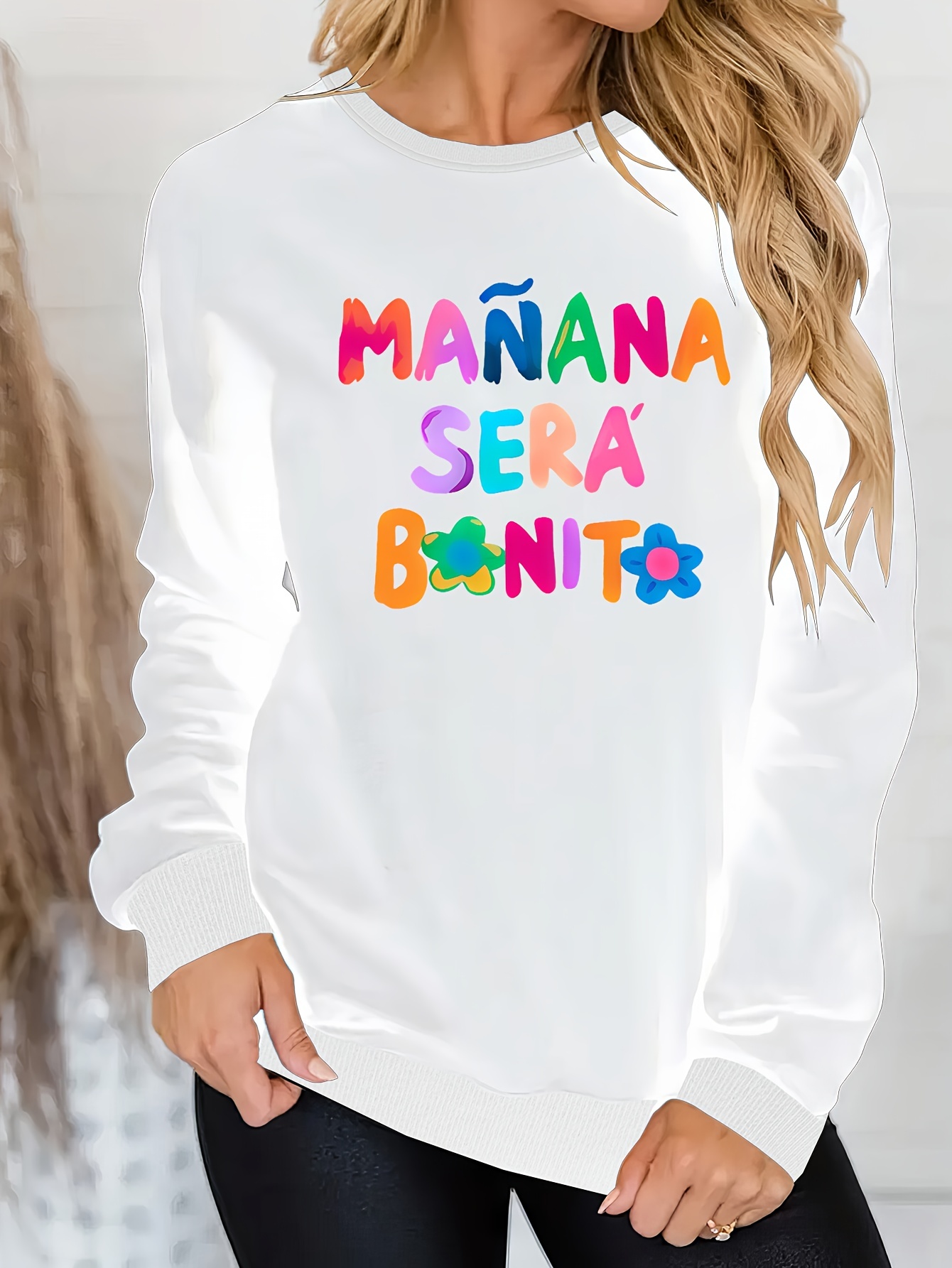 colorful manana print sweatshirt casual long sleeve crew neck sweatshirt womens clothing details 0