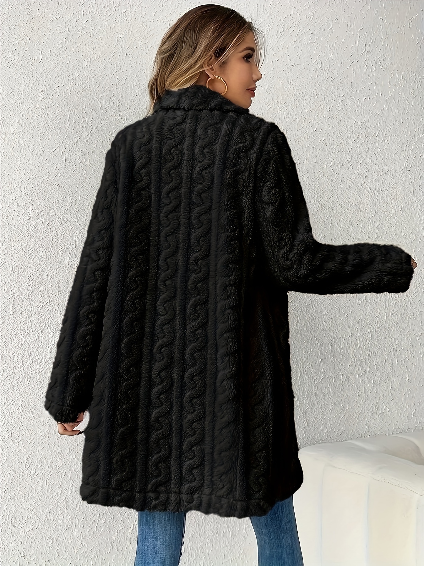 double breasted lapel teddy coat versatile long sleeve textured thermal winter outwear womens clothing details 16