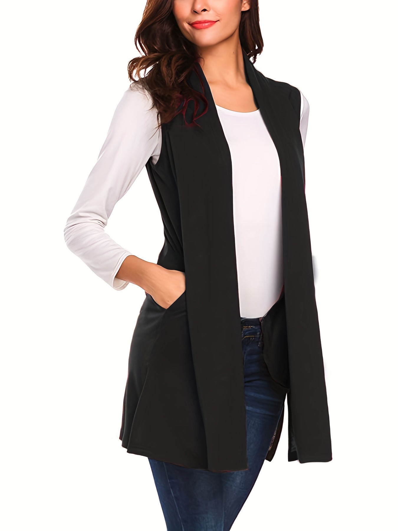 solid sleeveless vest elegant mid length open front vest with pockets womens clothing details 37