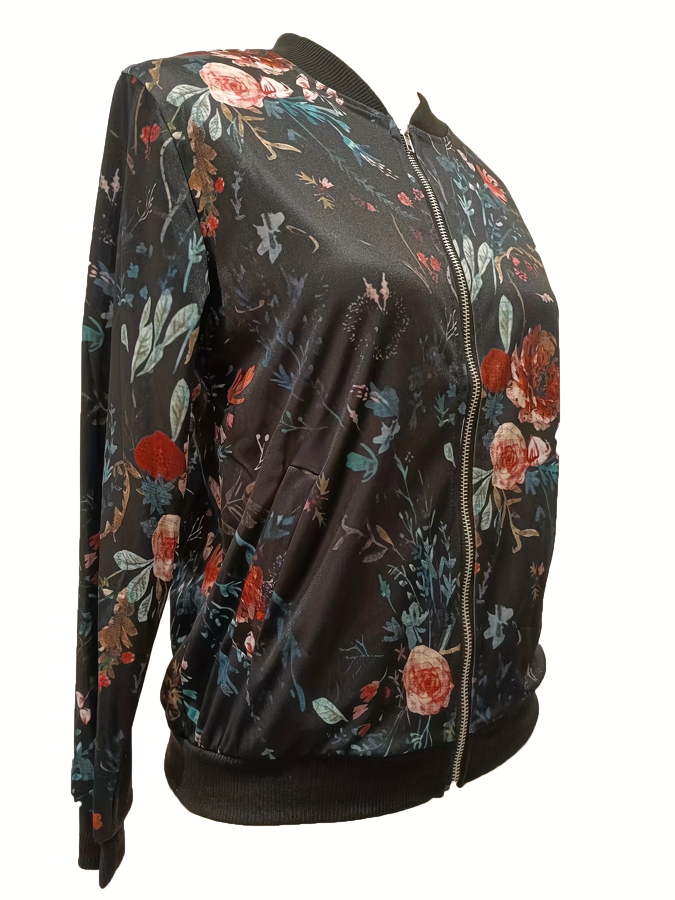 cute cat print bomber jacket casual long sleeve zipper outwear for fall winter womens clothing details 6