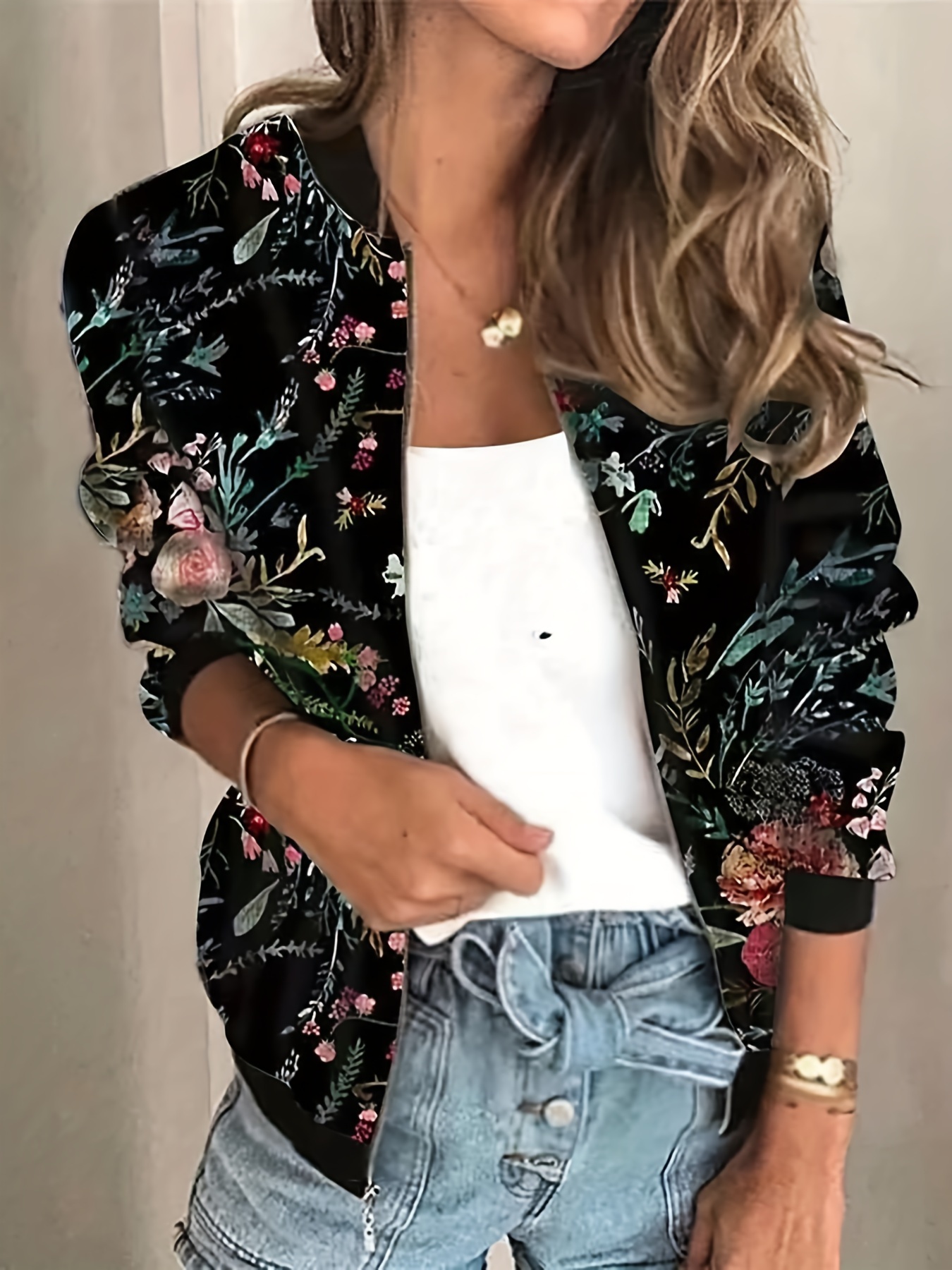 cute cat print bomber jacket casual long sleeve zipper outwear for fall winter womens clothing details 3