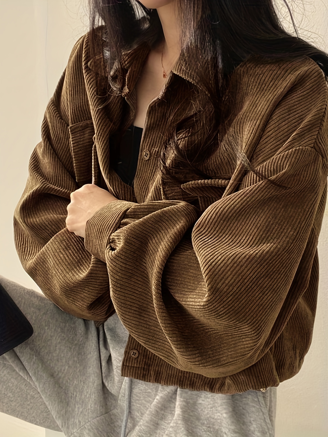 button front flap pockets jacket casual long sleeve jacket for fall winter womens clothing details 15