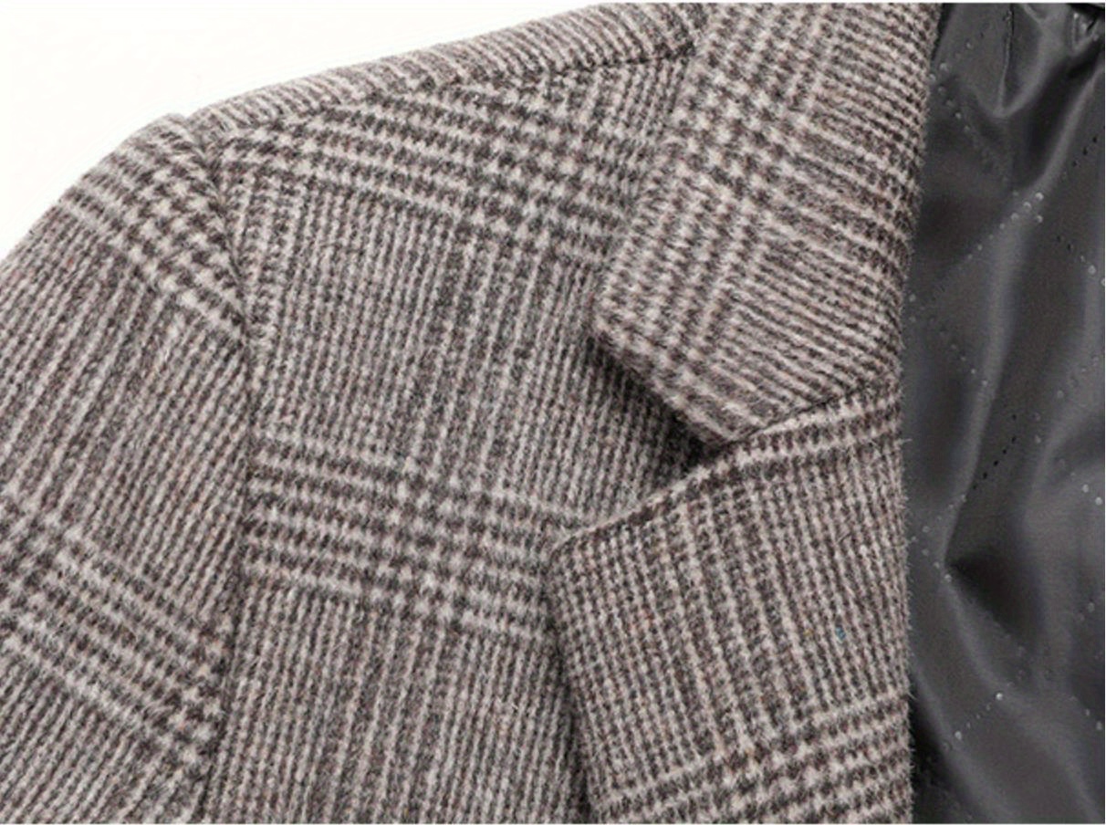 mens elegant woolen trench coat casual elegant single breasted retro plaid overcoat for fall winter details 5