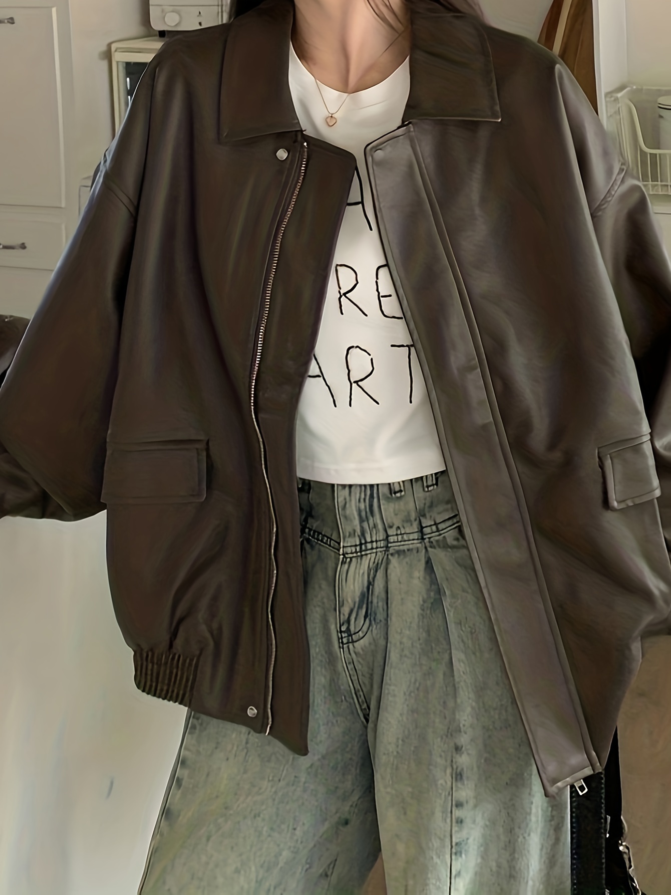 faux leather zip up jacket casual long sleeve jacket for fall winter womens clothing details 9