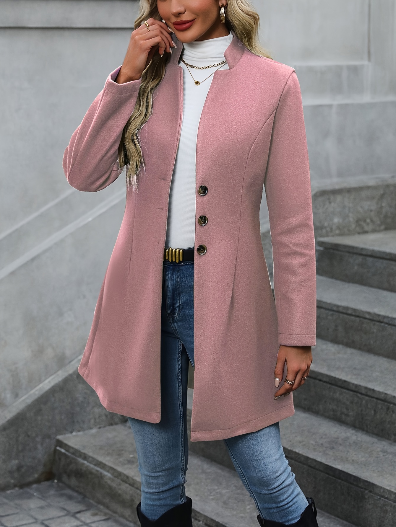 solid button front tunic overcoat elegant long sleeve winter outwear womens clothing details 15