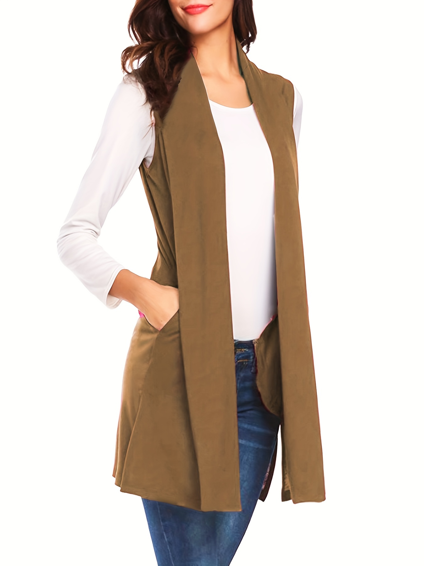 solid sleeveless vest elegant mid length open front vest with pockets womens clothing details 24