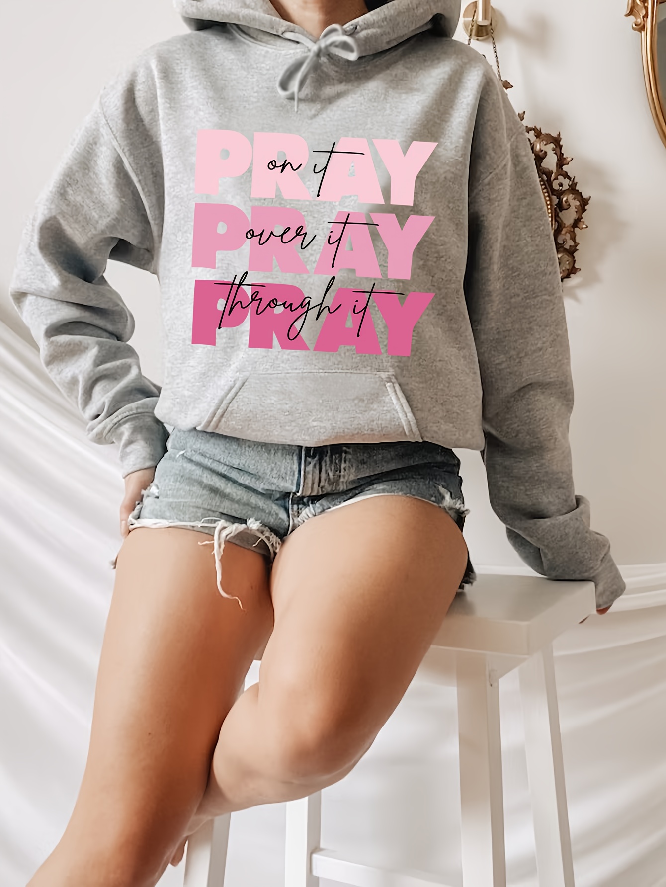 pray letter print hoodie casual pocket long sleeve drawstring hoodie sweatshirt womens clothing details 0