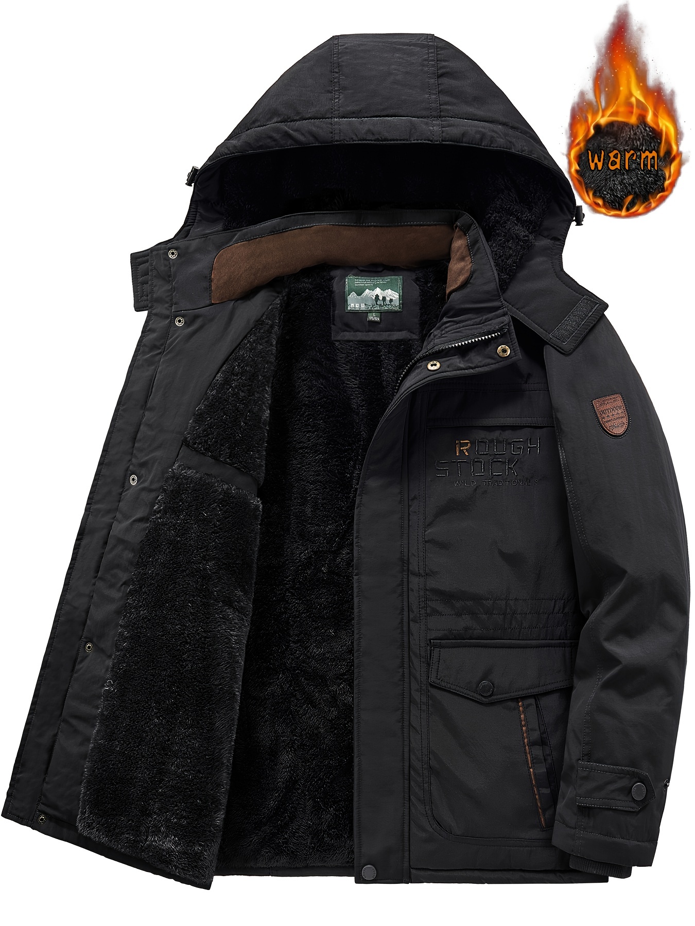 Men s Casual Warm Fleece Multi Pocket Hooded Windbreaker Jacket For Fall Winter Outdoor Activities details 1