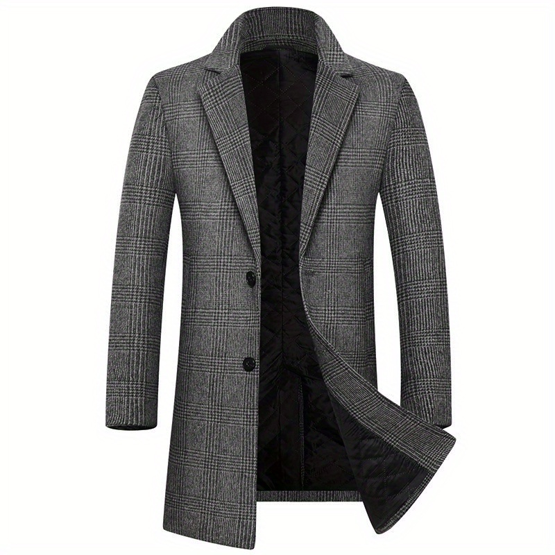 mens elegant woolen trench coat casual elegant single breasted retro plaid overcoat for fall winter details 3