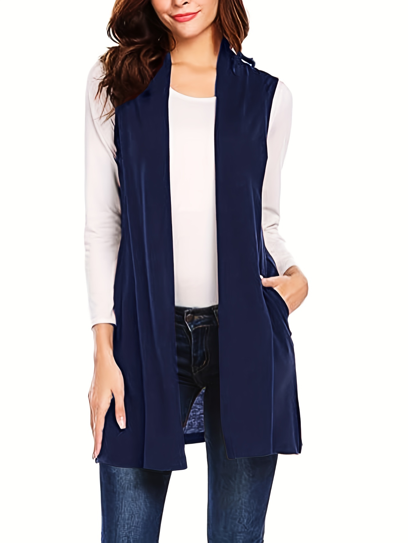 solid sleeveless vest elegant mid length open front vest with pockets womens clothing details 12