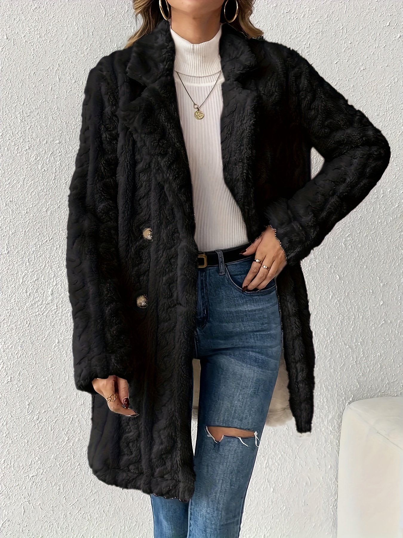 double breasted lapel teddy coat versatile long sleeve textured thermal winter outwear womens clothing details 15