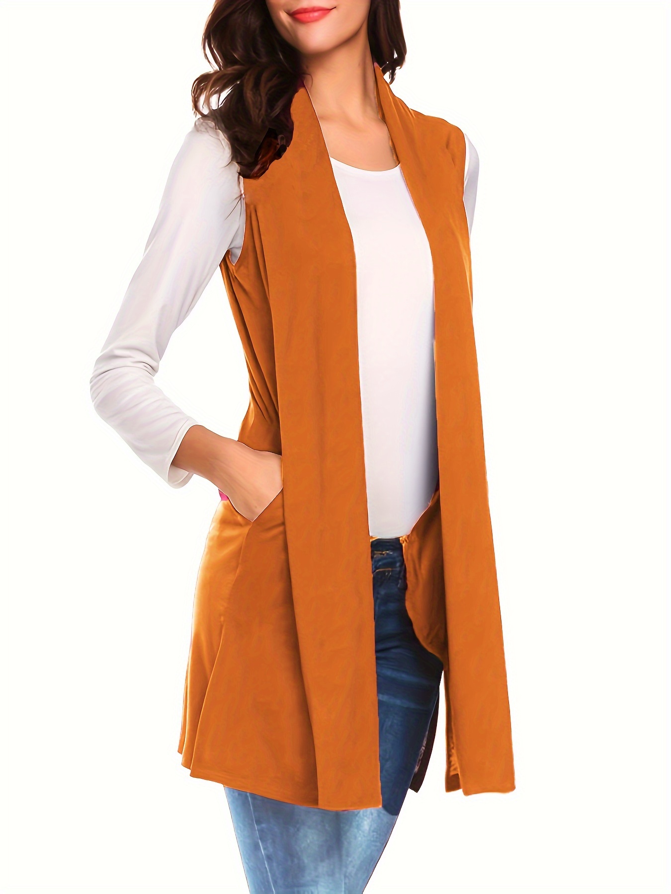 solid sleeveless vest elegant mid length open front vest with pockets womens clothing details 2