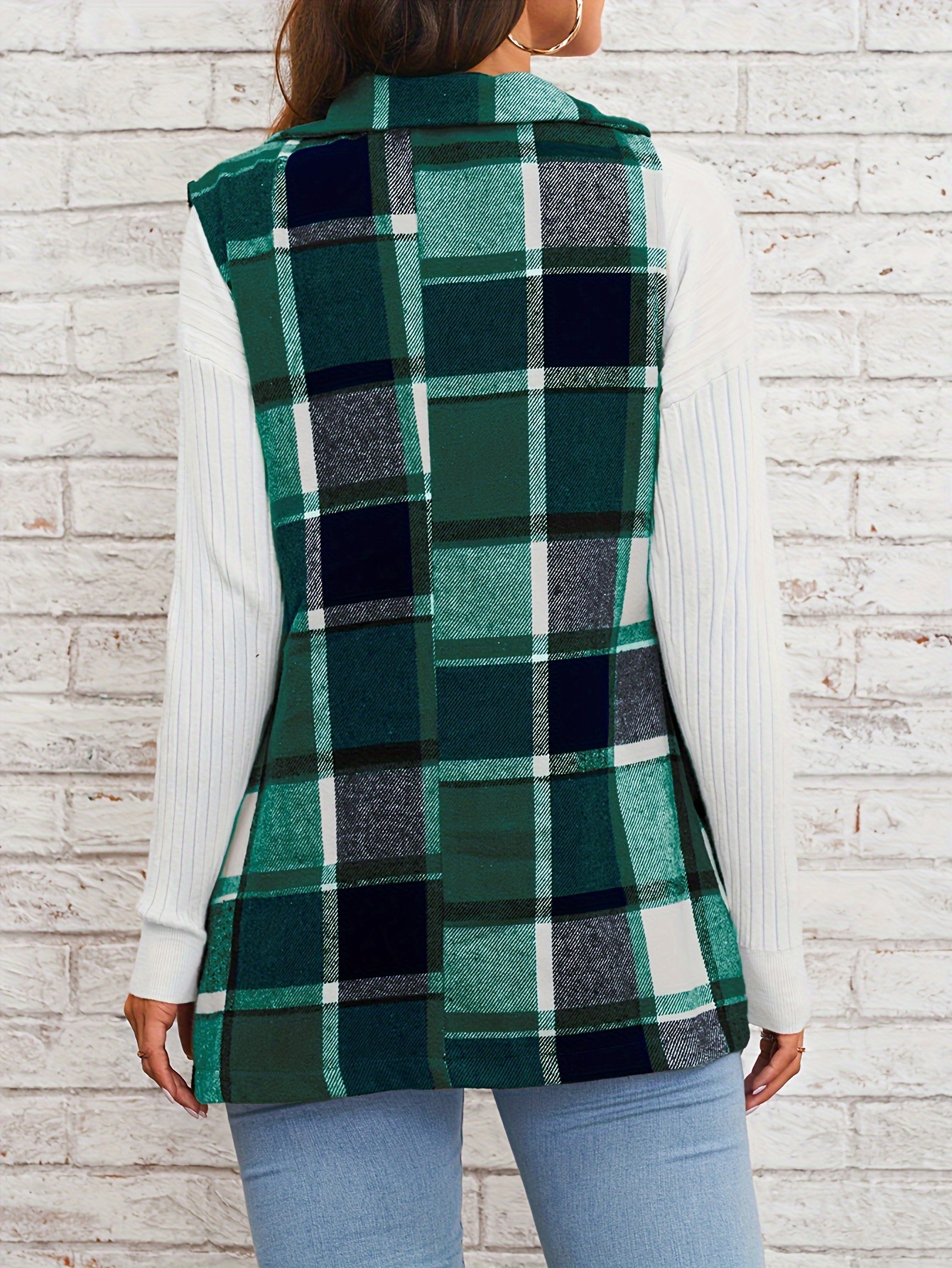 plaid single breasted lapel vest versatile sleeveless overcoat for office work womens clothing details 6