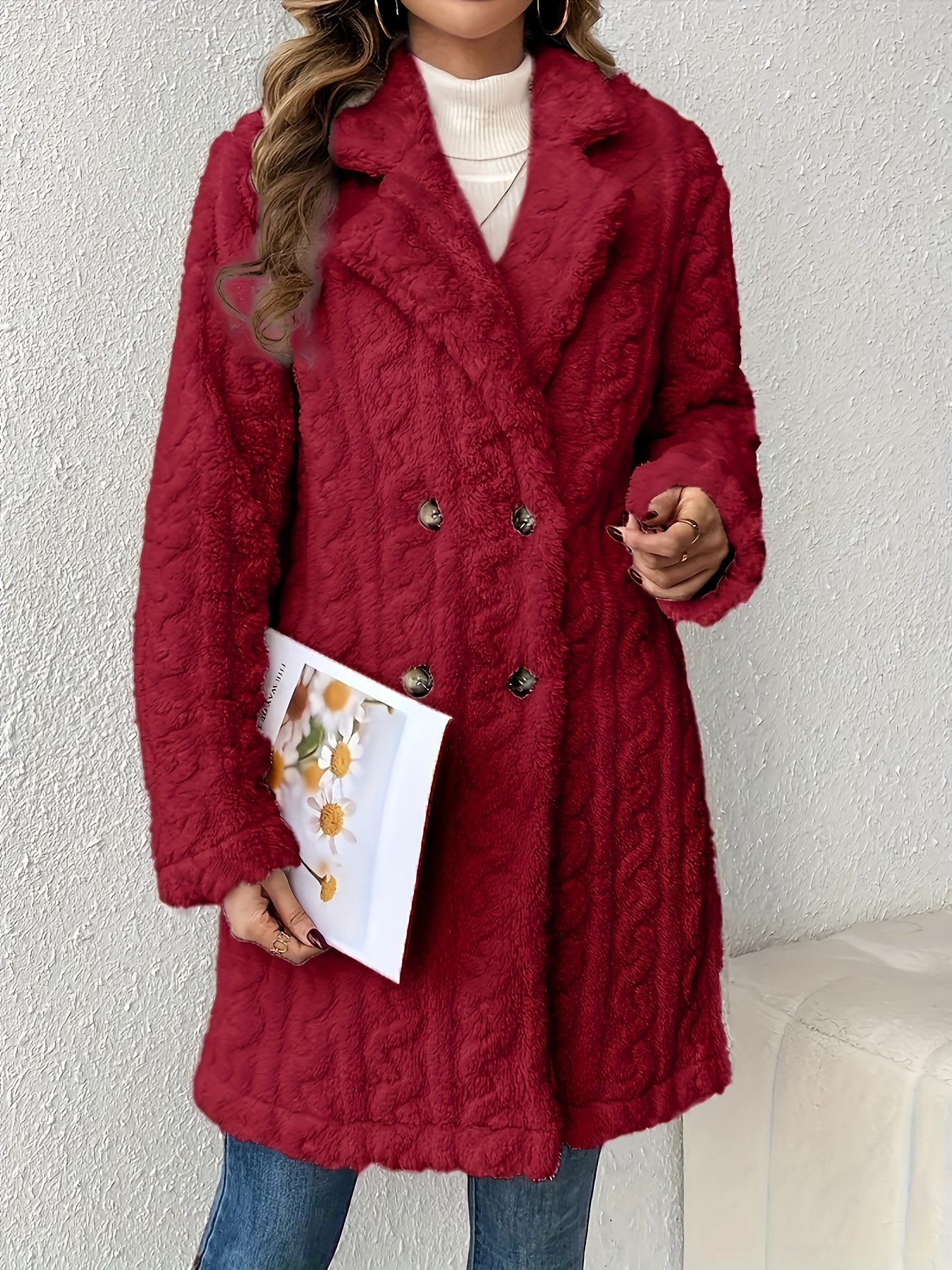 double breasted lapel teddy coat versatile long sleeve textured thermal winter outwear womens clothing details 8