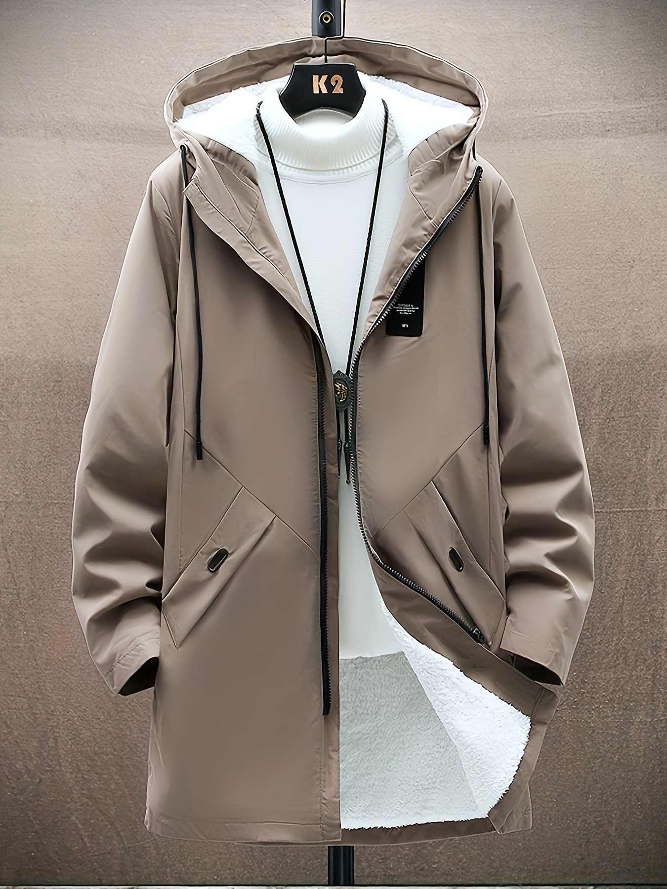 mens warm fleece long windbreaker jacket casual hooded overcoat details 0