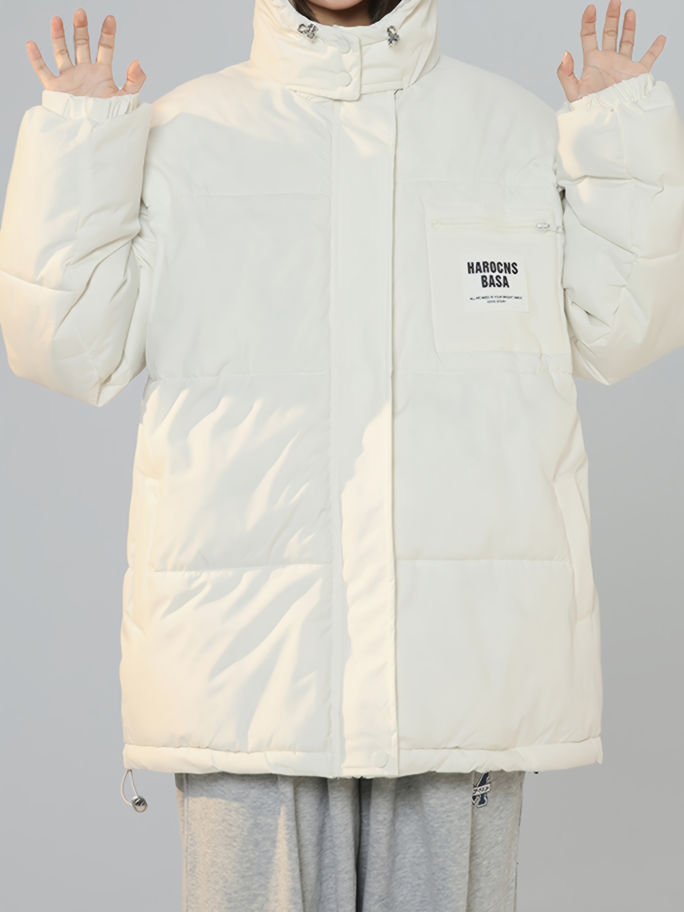 letter label patched hooded coat versatile long sleeve zipper thermal coat womens clothing details 9