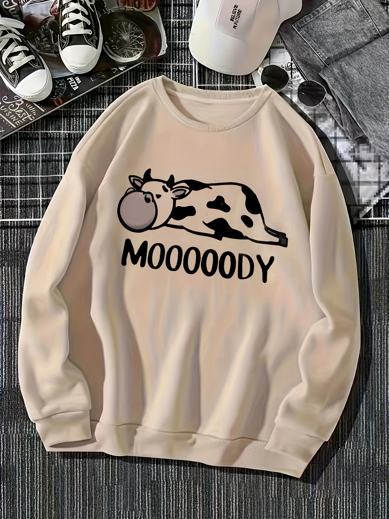 cow letter print pullover sweatshirt casual long sleeve crew neck sweatshirt for fall winter womens clothing details 27