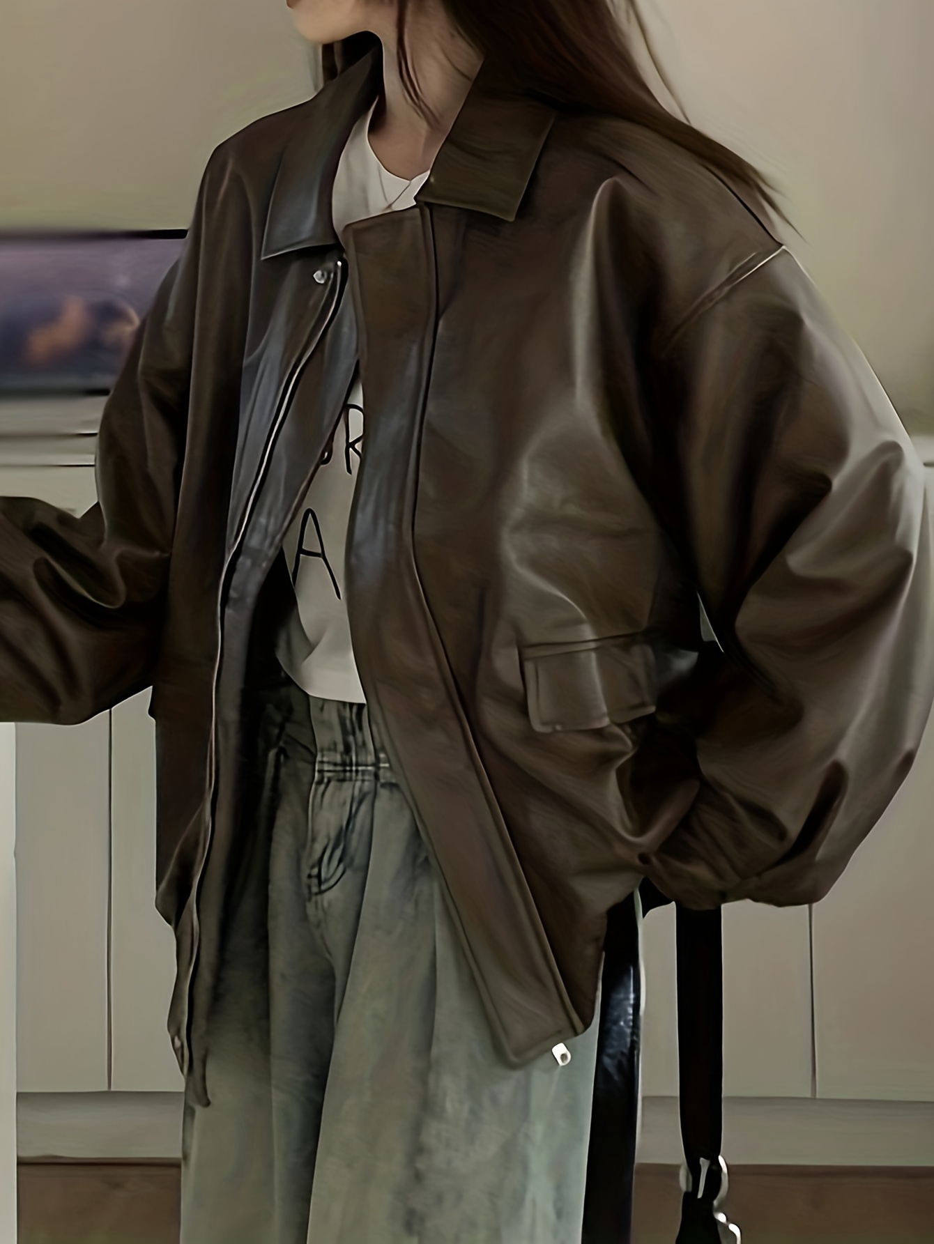 faux leather zip up jacket casual long sleeve jacket for fall winter womens clothing details 7