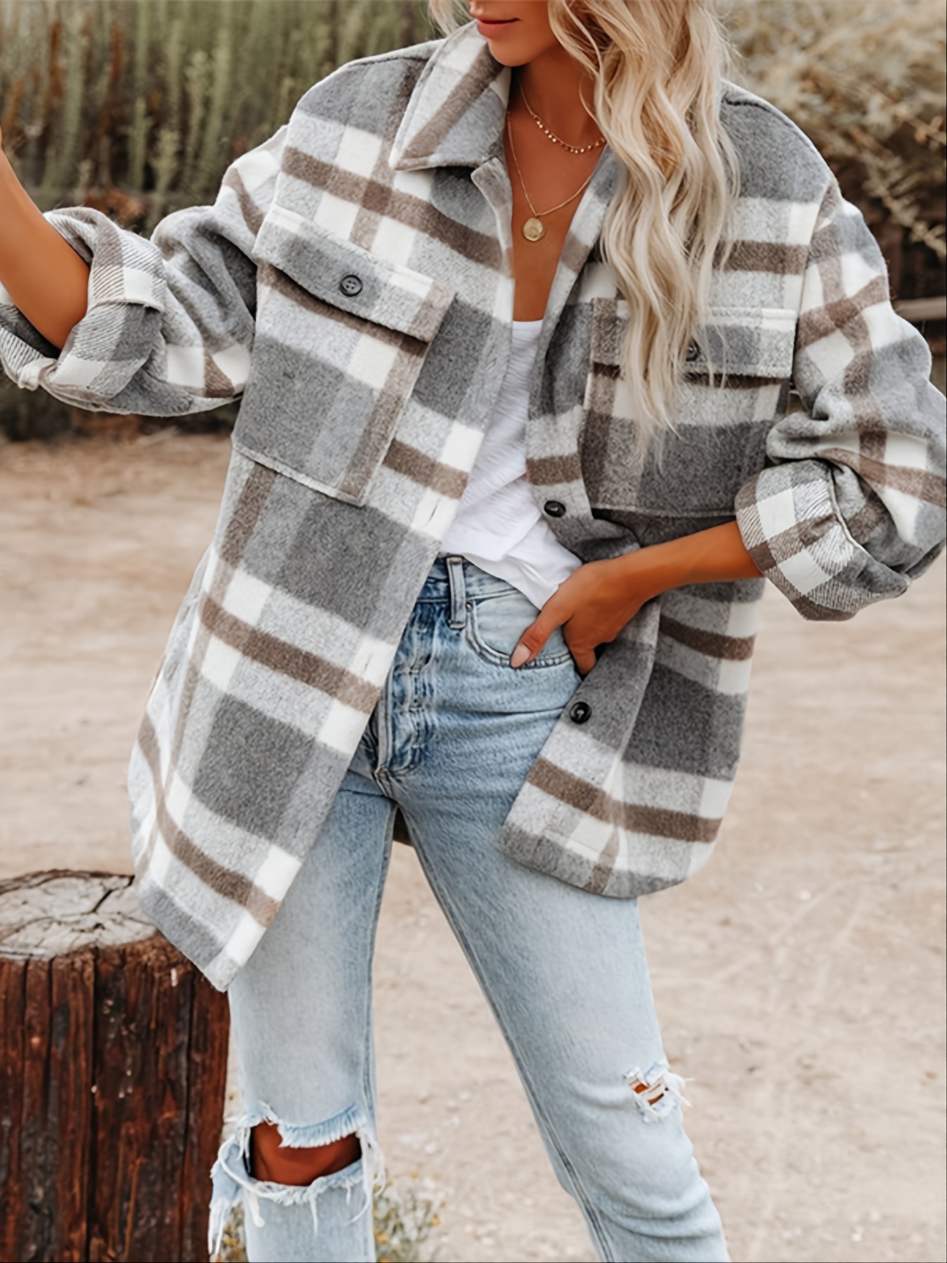 stylish plaid button down long sleeve jacket loose lapel plaid jacket womens clothing details 6