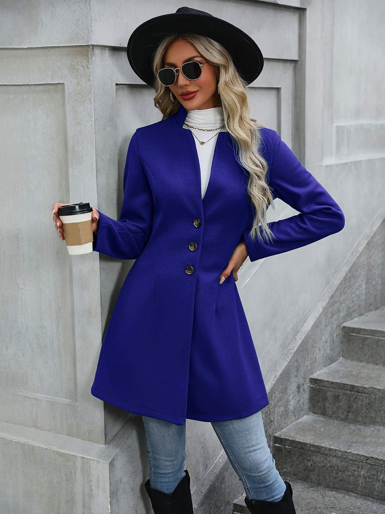 solid button front tunic overcoat elegant long sleeve winter outwear womens clothing details 6
