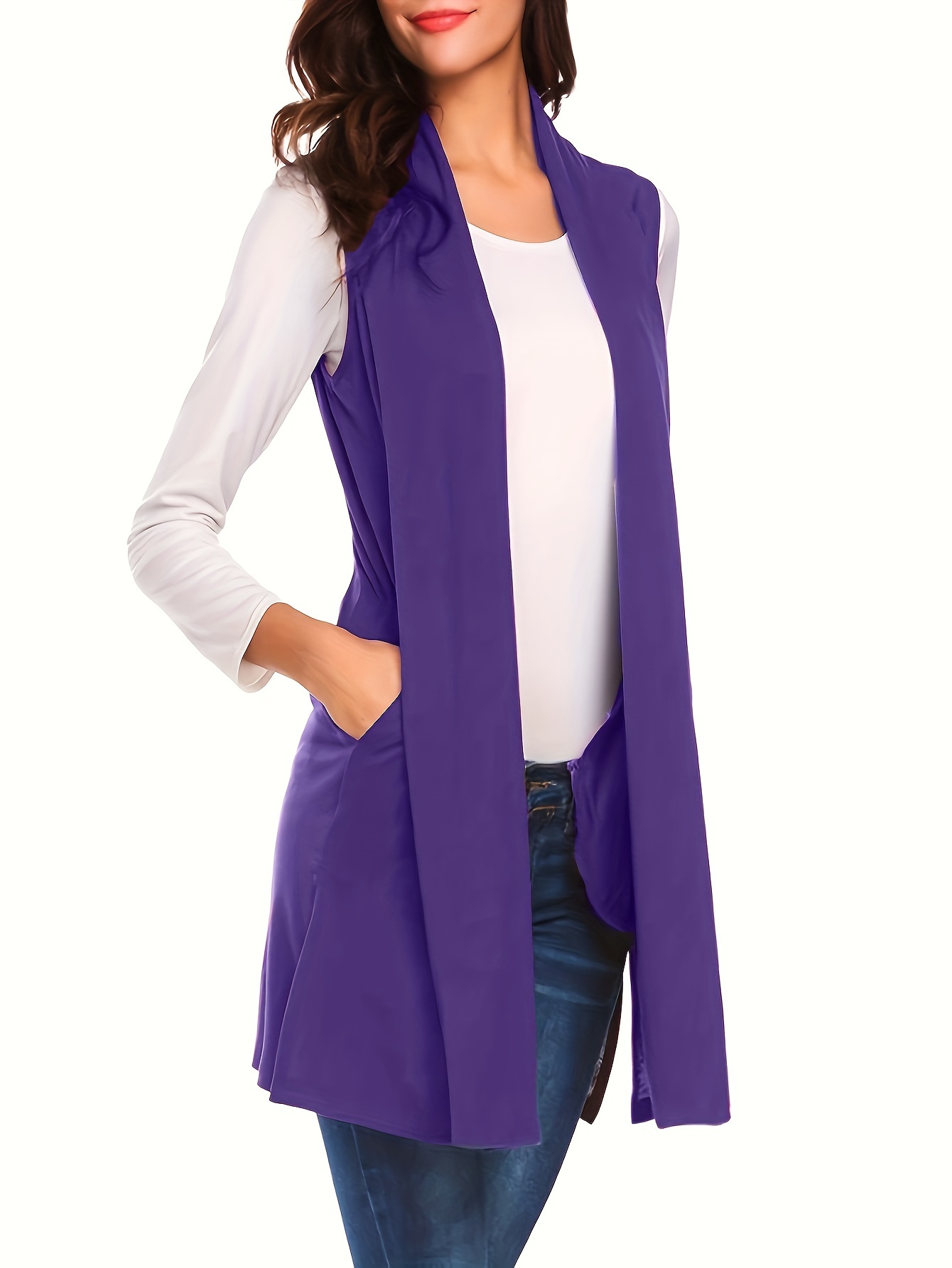 solid sleeveless vest elegant mid length open front vest with pockets womens clothing details 11